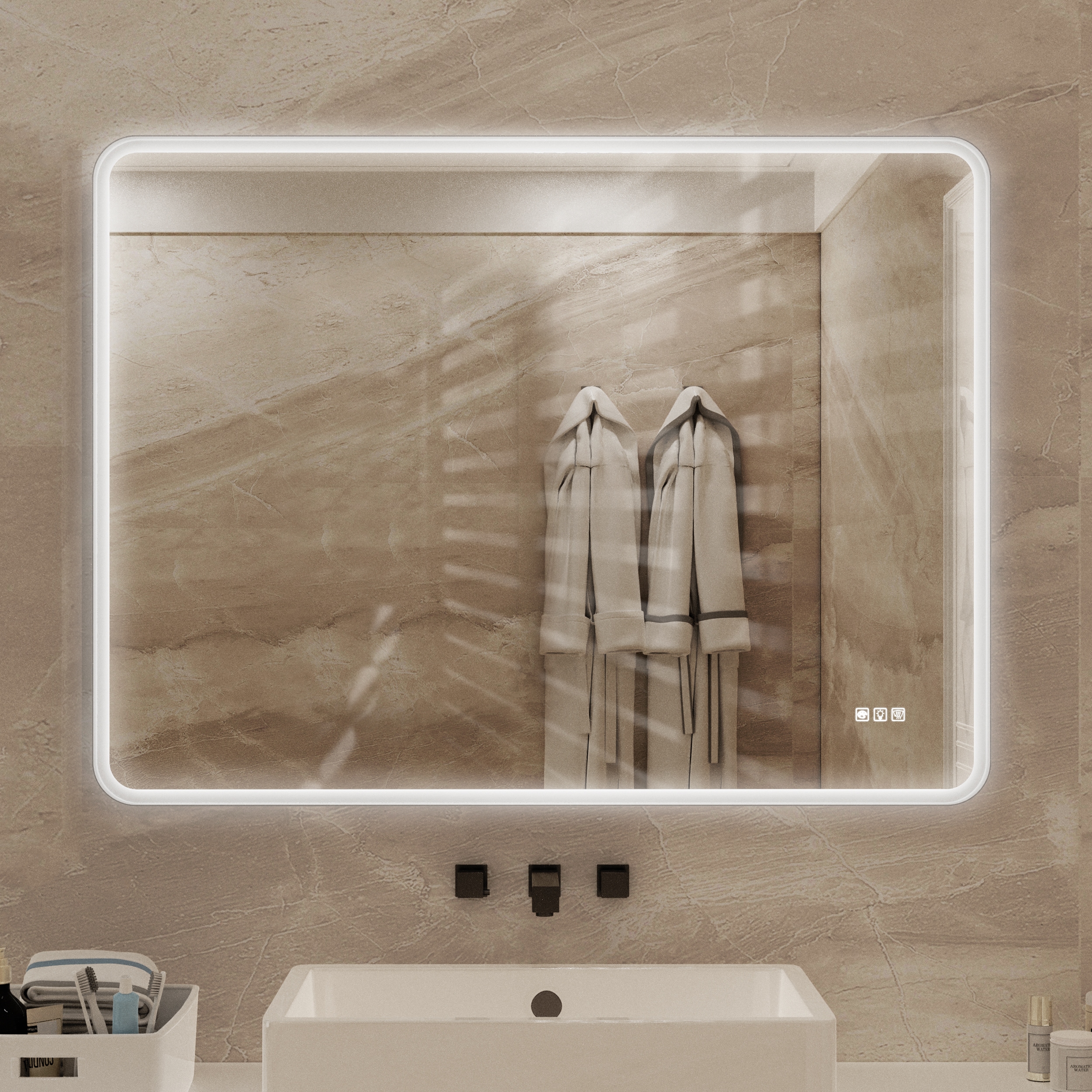 AAZJ X4P195770 Bathroom Mirrors 48-in x 36-in Framed Rectangle Dimmable LED Lighted Fog Free Bathroom Vanity Mirror ( Matte White )