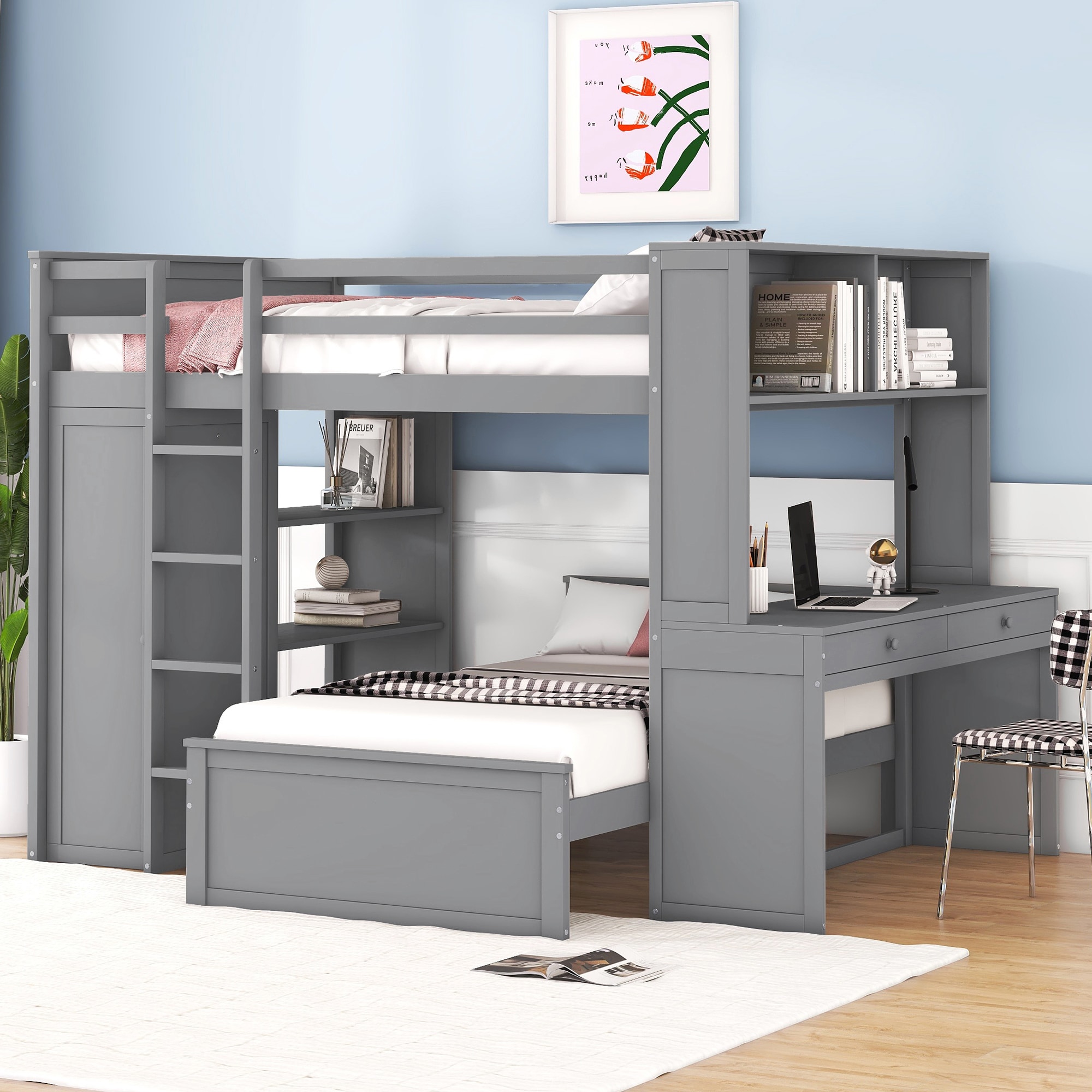 ModernLuxe L3P-LT000821AAE Full size Loft Bed with a twin size Standalone bed ShelvesDeskand WardrobeGray