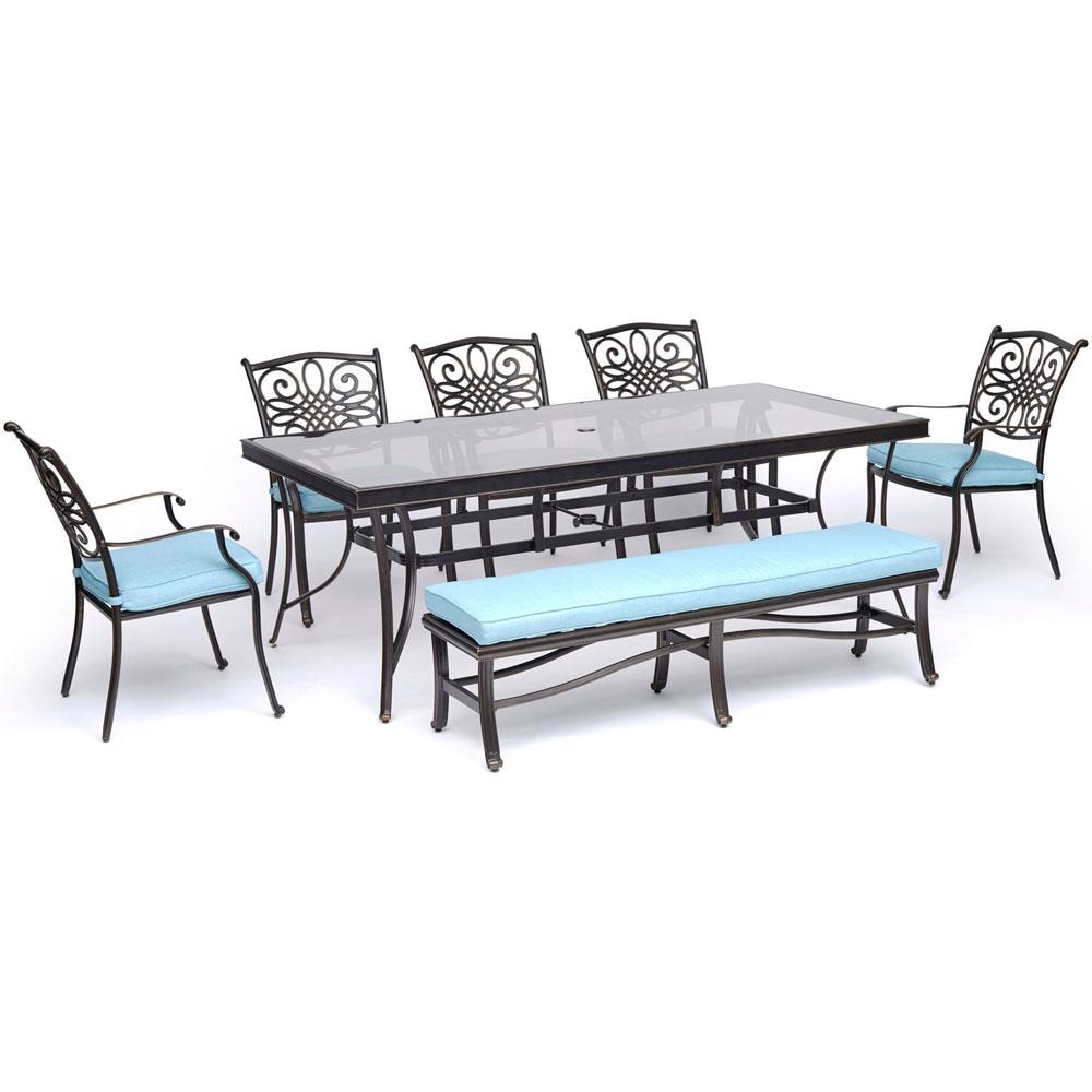 Hanover TRADDN7PCGBN-BLU Traditions 7-Piece Bronze Patio Dining Set with Blue Cushions