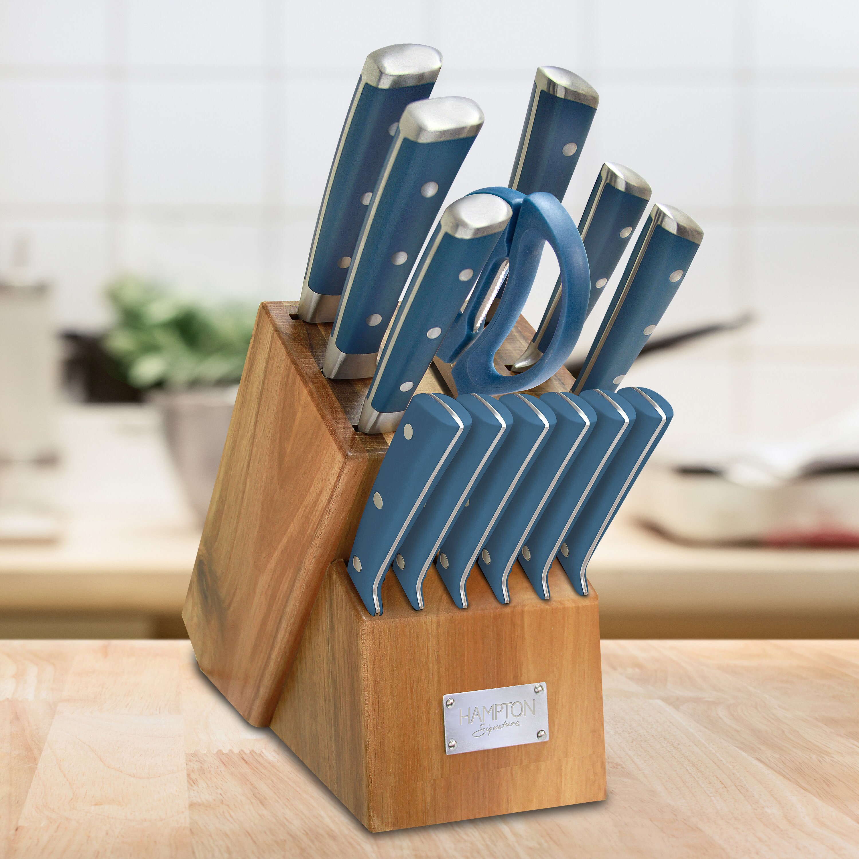 Hampton Forge Signature Acacia 14 Piece Cutlery Set Blue Wooden buy Knife Block New