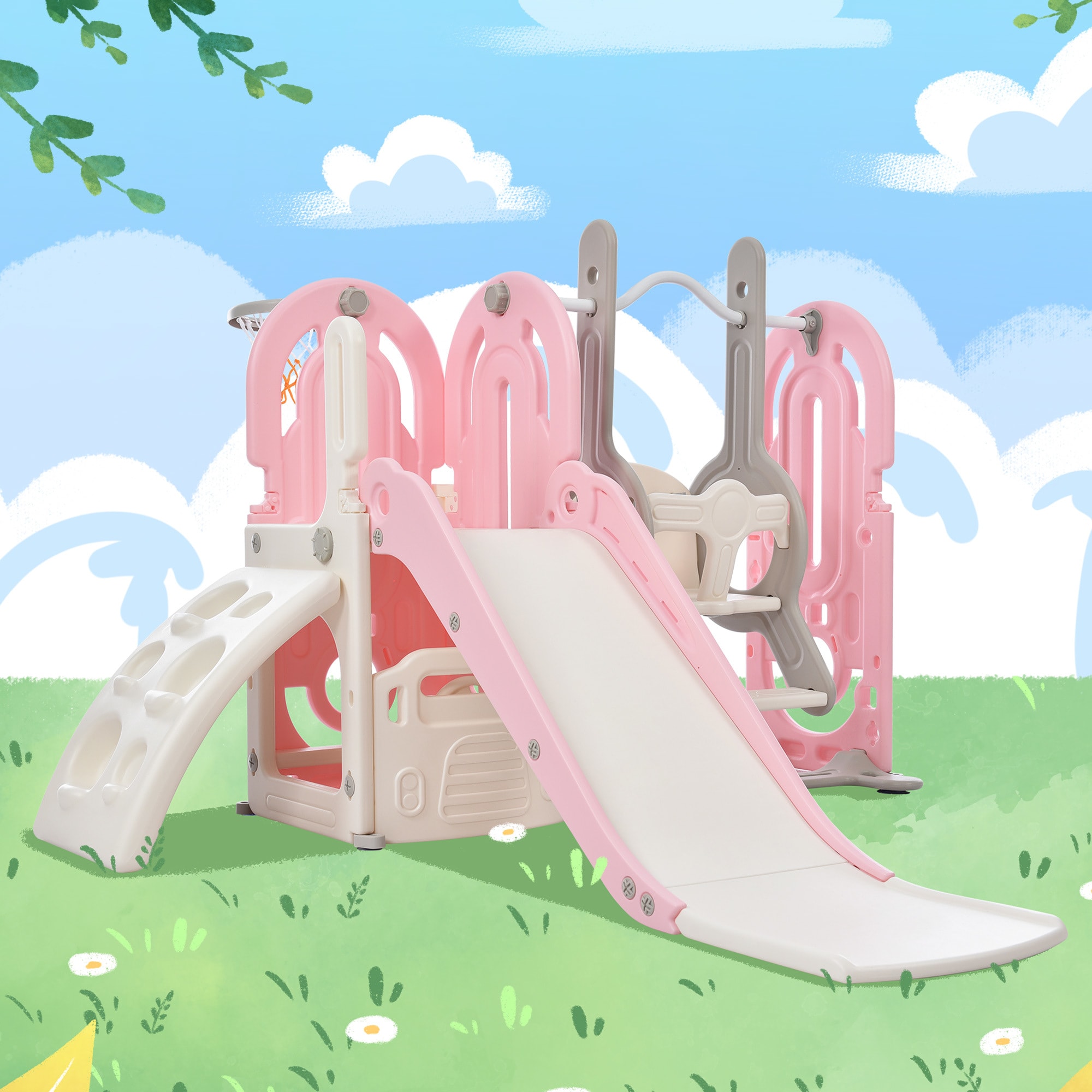 Siavonce XHIFTCU Toddler Slide and Swing Set 5 In 1, Kids Playground Climber Slide Playset with Basketball Hoop Freestanding Combination For Babies Indoor and Outdoor