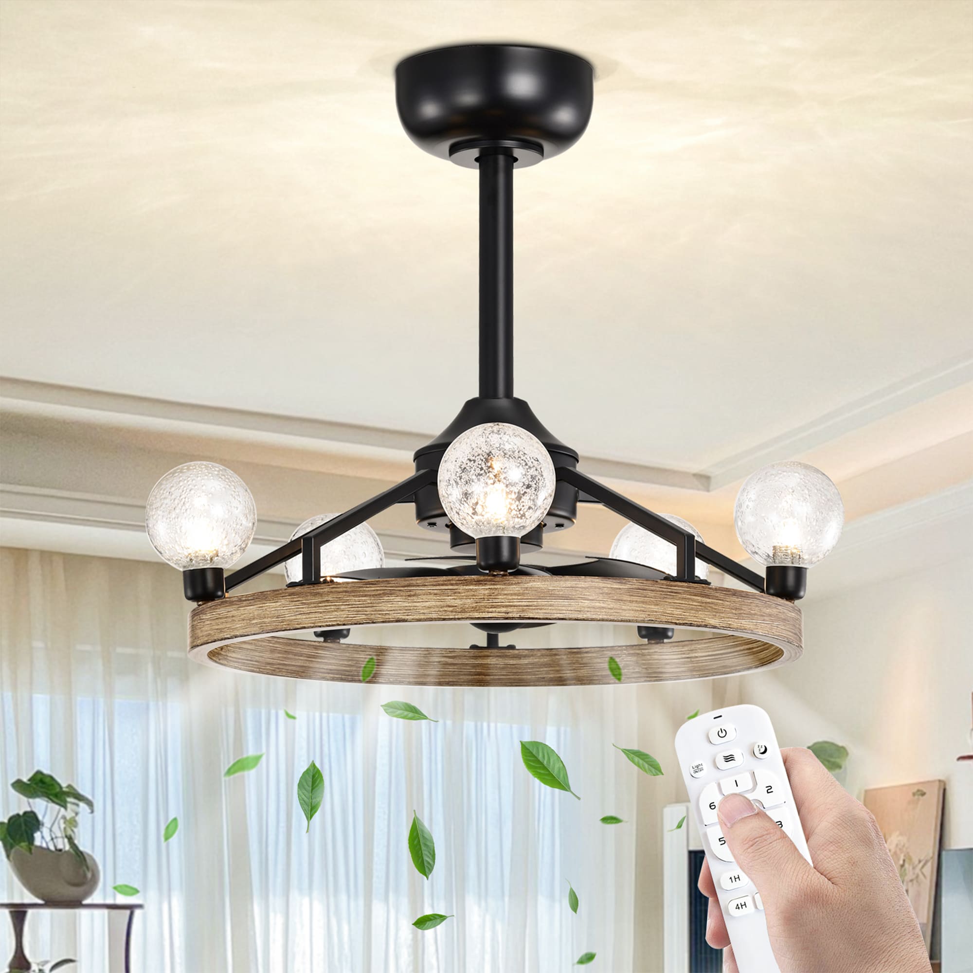 Maxax 26008-5BK Beauchame 20-in Flush Mount Black and Wood Grain with Matte Blades Fandelier Ceiling Fan With Light 7 -Blade )