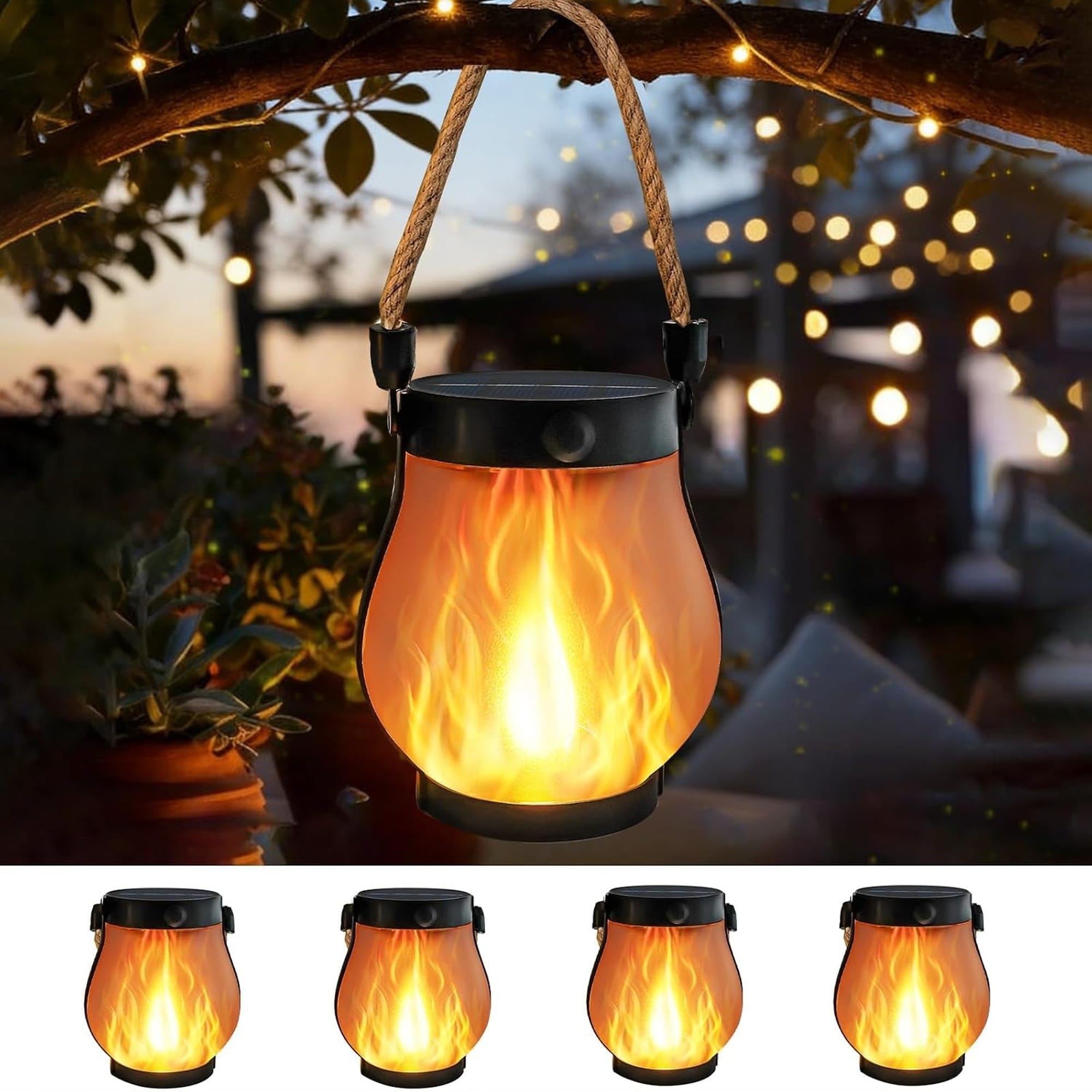 Wudkey - 4 Pack Solar Lanterns Outdoor Waterproof with Rope Handle