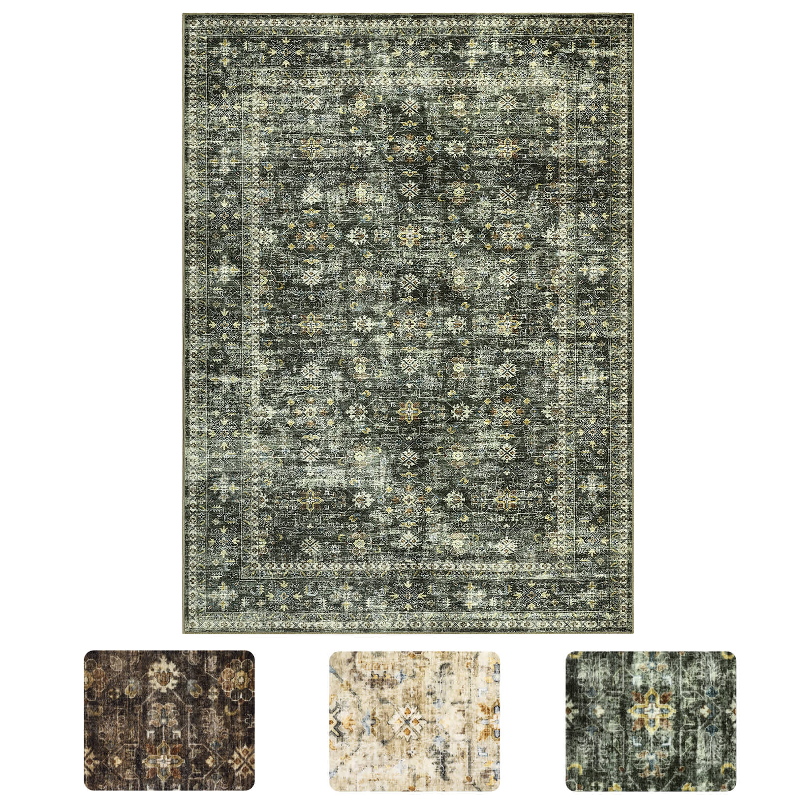 Qeetex LSN-PHO-34DWLPGD 8 x 10 ft Polyester Cashmere Imitation Dark Green Rectangular Hallway Bathroom Entryway Kitchen Office Foldable Flower Printed Persian Washable Area Rug