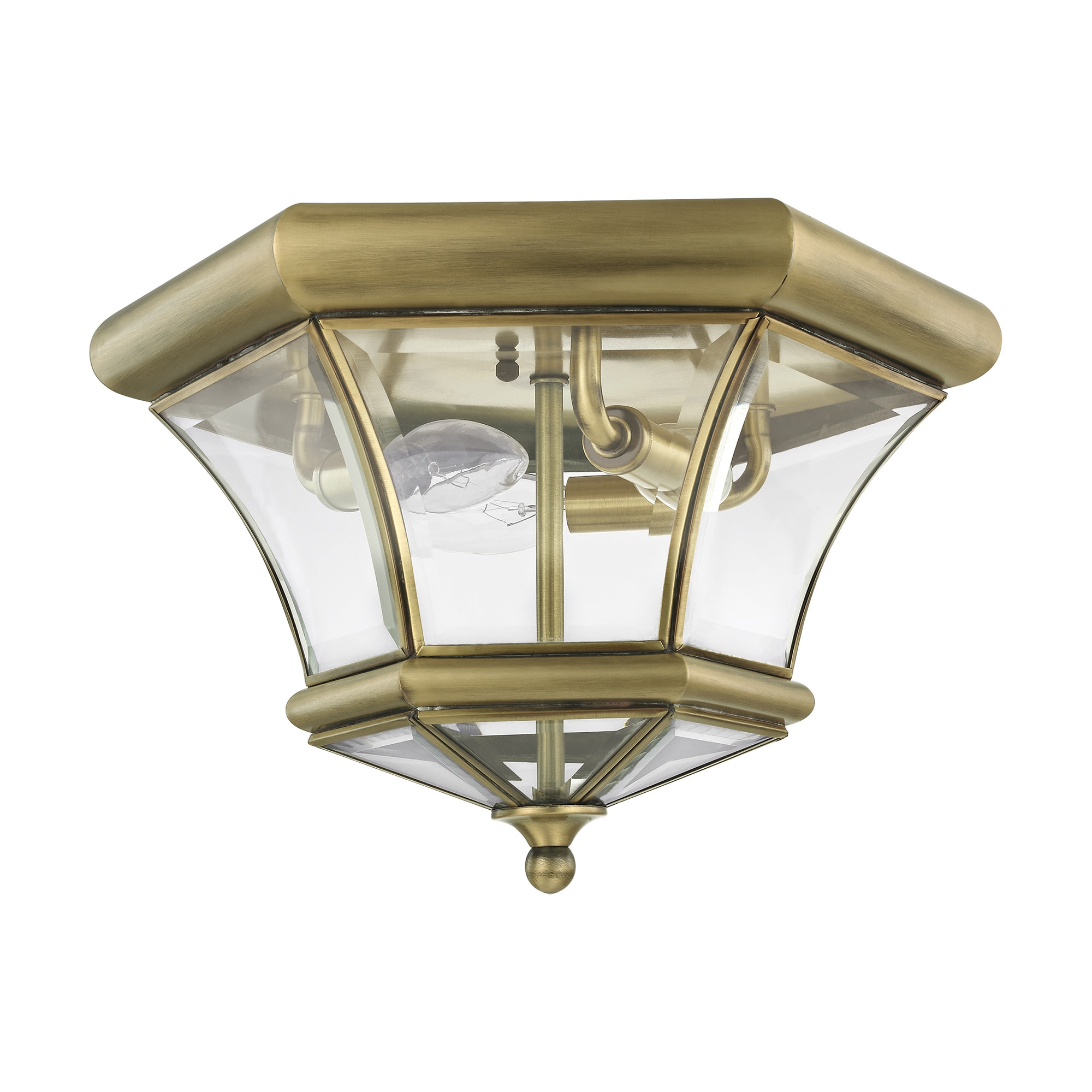 Antique Brass Hexagon 3-Light Outdoor Ceiling Lantern with Clear Beveled Glass