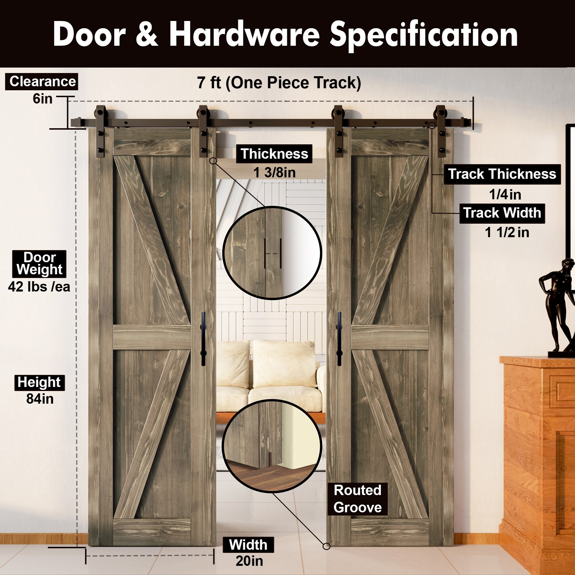 HOMACER YT2TGH084C-2084-K-GR Barn-Doors - View #7