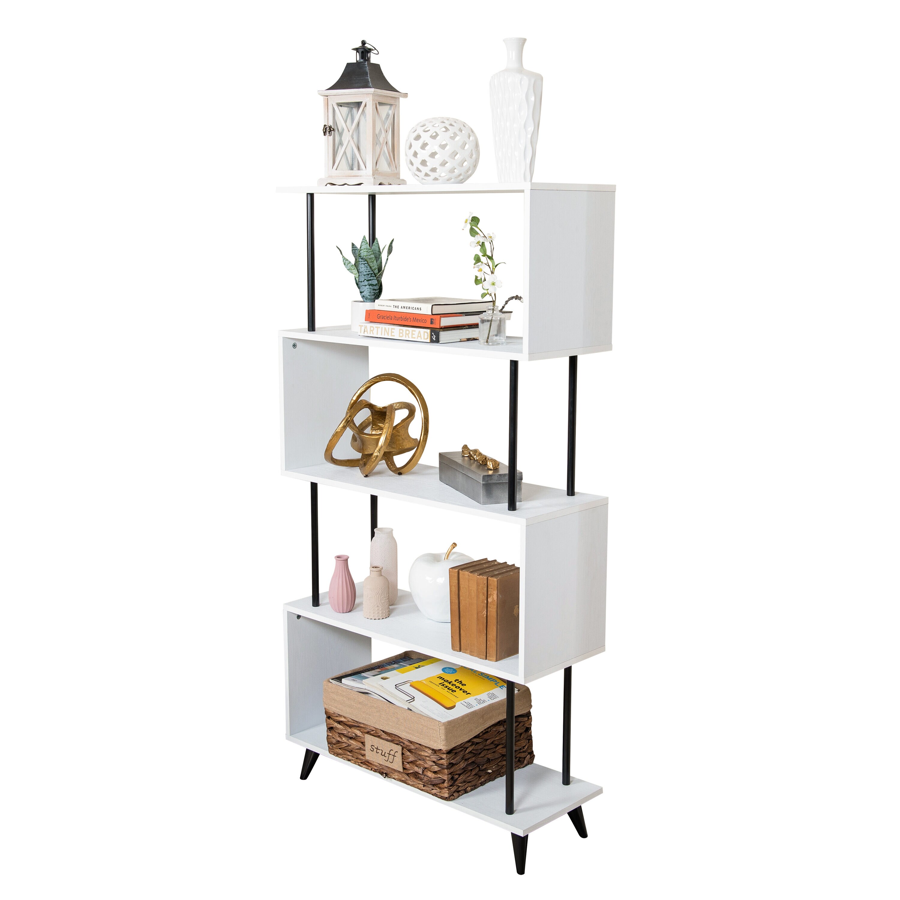 White and Black 5-Tier S-Shaped Modern Wood Bookcase