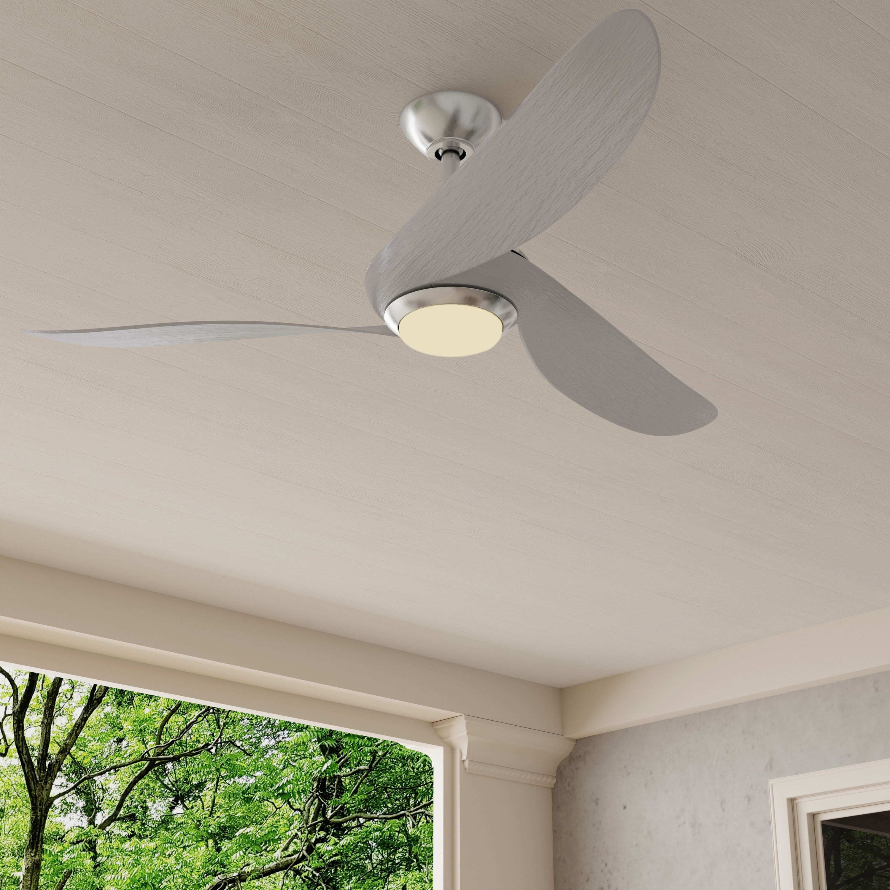 Progress Lighting P250105-009-30 Conte 52-in Integrated LED Outdoor Brushed Nickel with Grey Weathered Wood Blades Propeller Ceiling Fan With Light and Remote ( 3 -Blade )