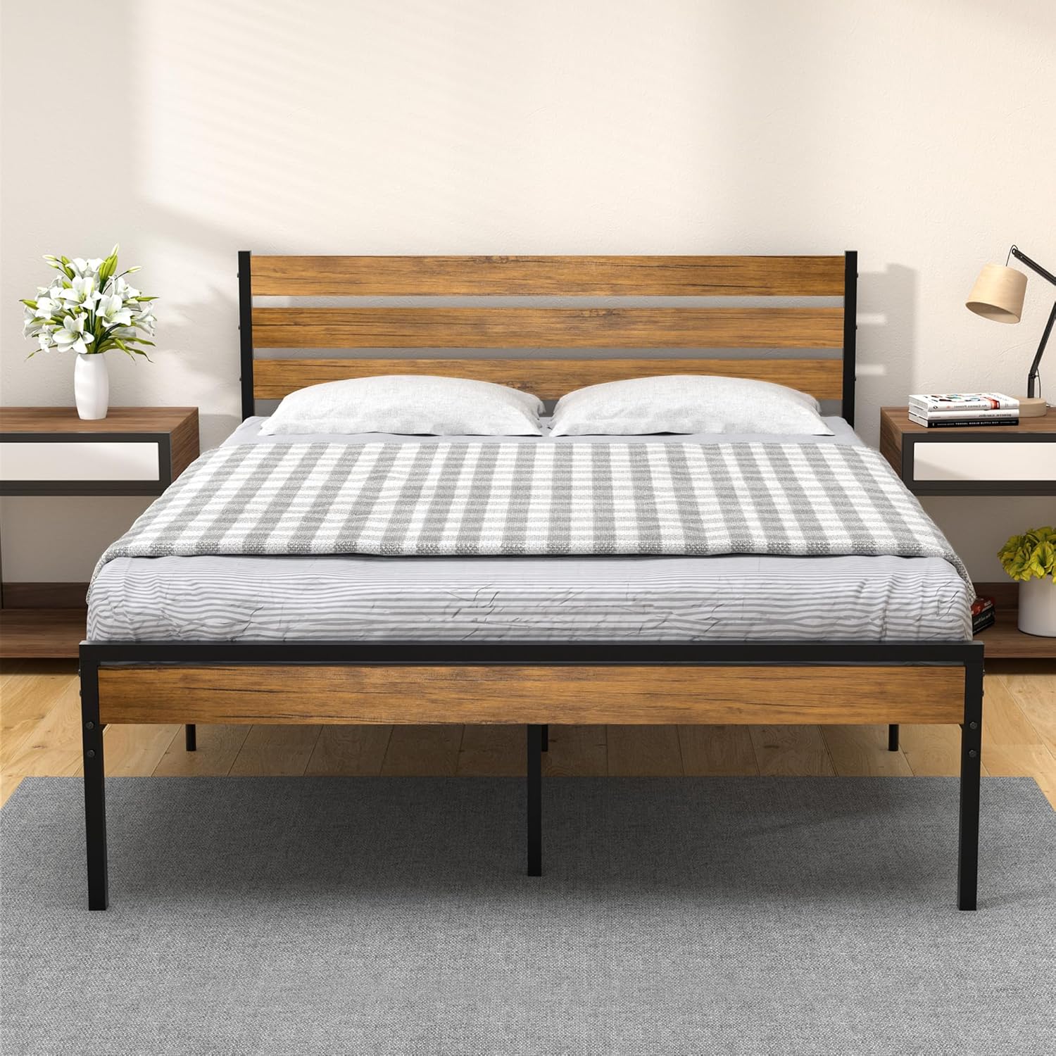 Qeetex DHZ-PHO-0QLV1FZK 18 Inch Queen Size Bed Frame with Wood Headboard Strong Wood Slat Support Under Bed Storage NoiseFree No Box Spring Needed Industrial Metal Frame