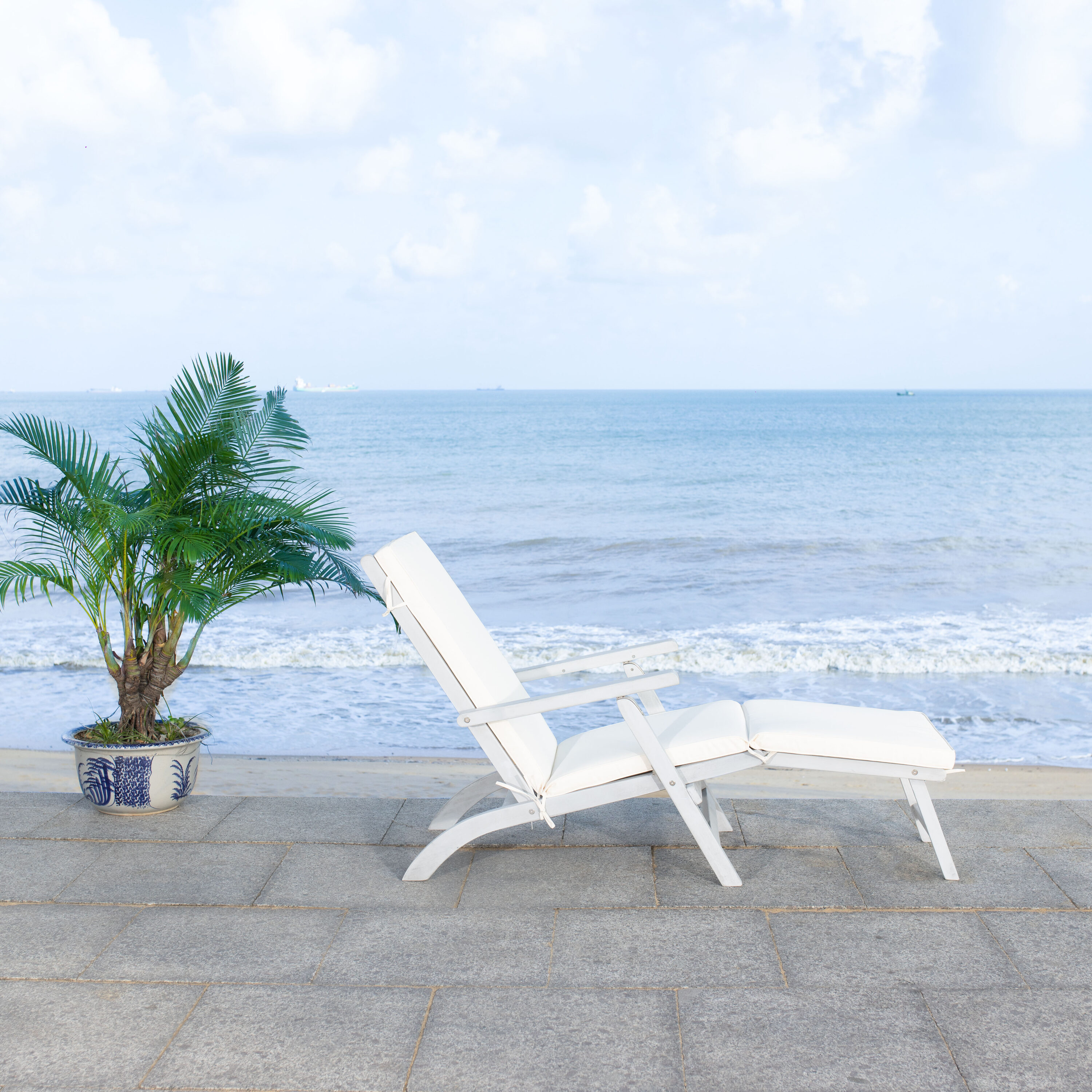 Ocean Liner Inspired 48" Grey Acacia Wood Chaise Lounge with Beige Cushion