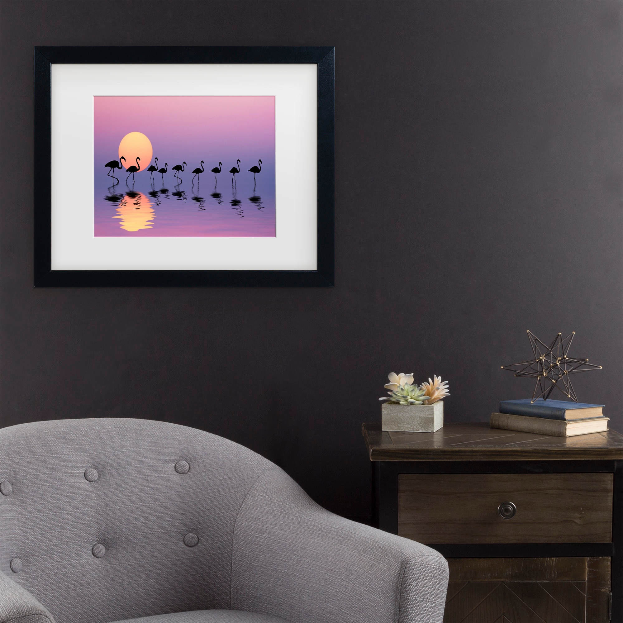 Black Framed Flamingo Sunset Canvas Print for Kids' Nursery