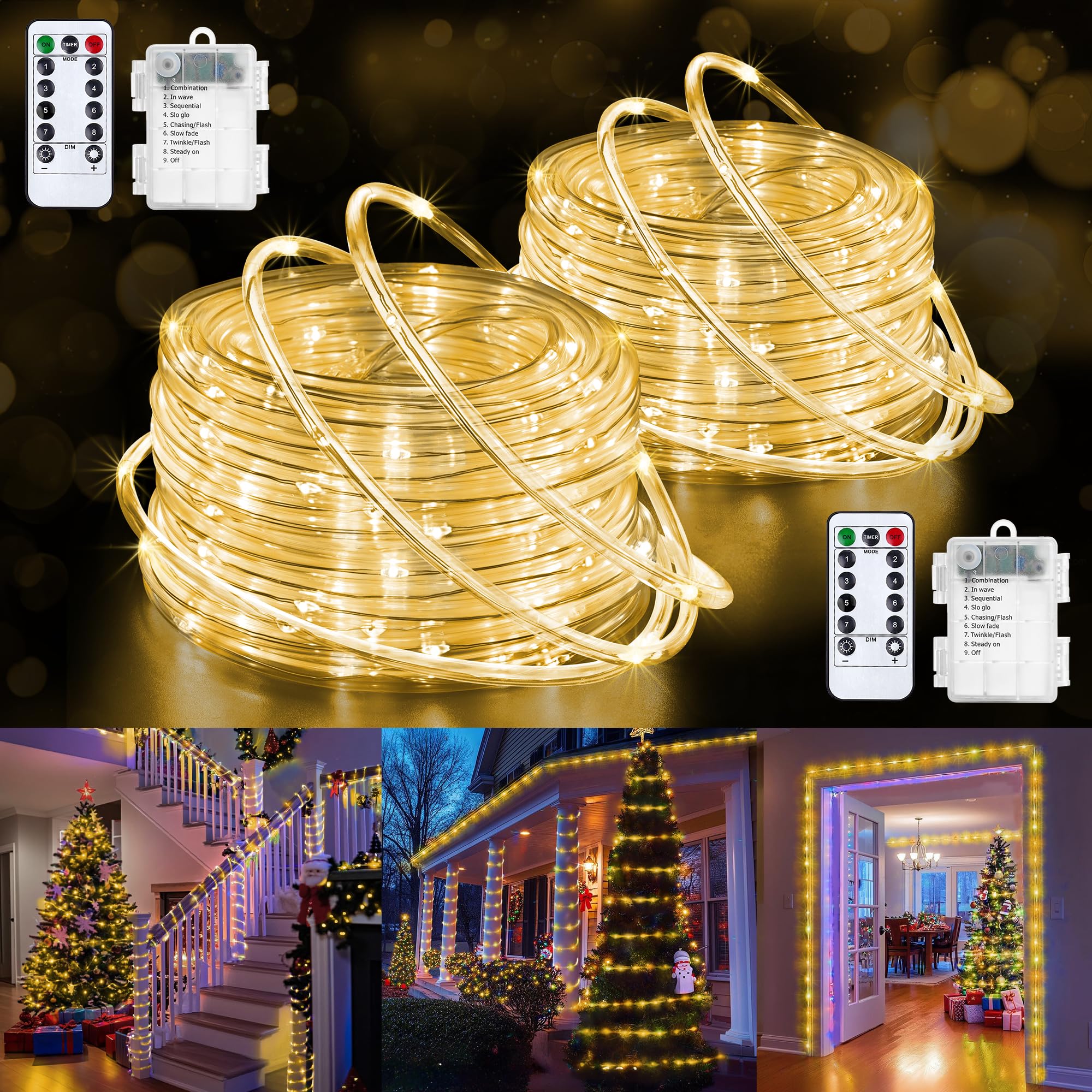 Phewnyzo  2 pack rope lights 66FT 200 LED waterproof string lights remote control 8 lighting modes 4 brightness levels for outdoor indoor