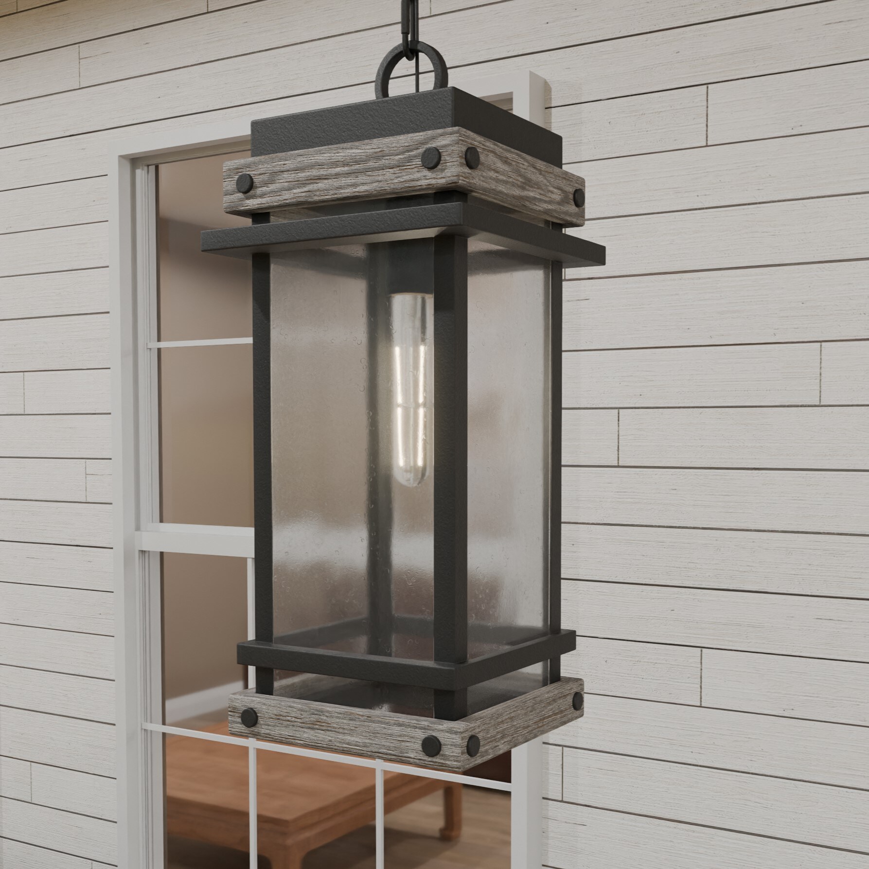 Quoizel SAD1909MBK Strader Matte Black Farmhouse Seeded Glass Lantern Led, Mini Outdoor Hanging Pendant Light