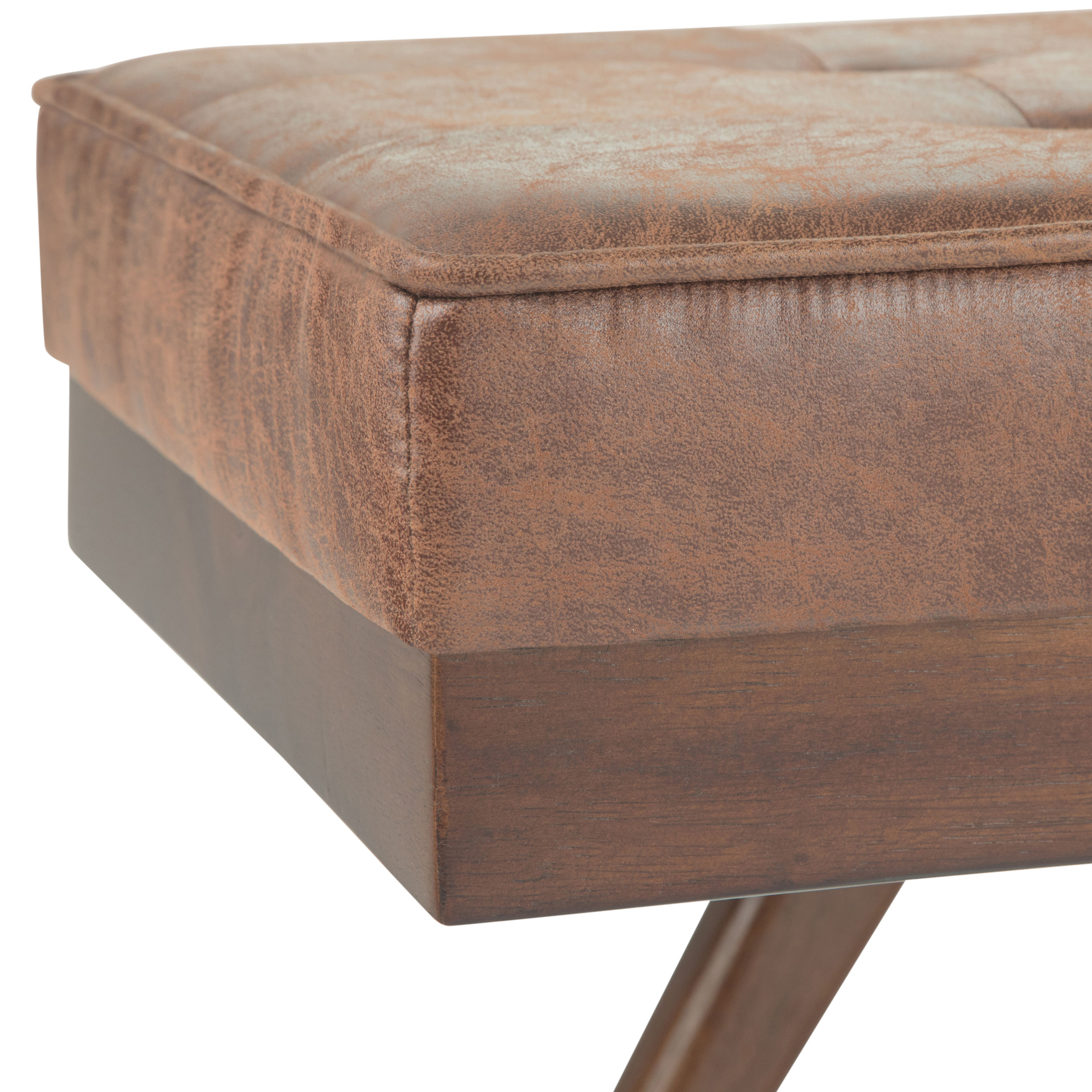 Pierce Distressed Umber Brown Faux Leather Tufted Mid-Century Ottoman Bench