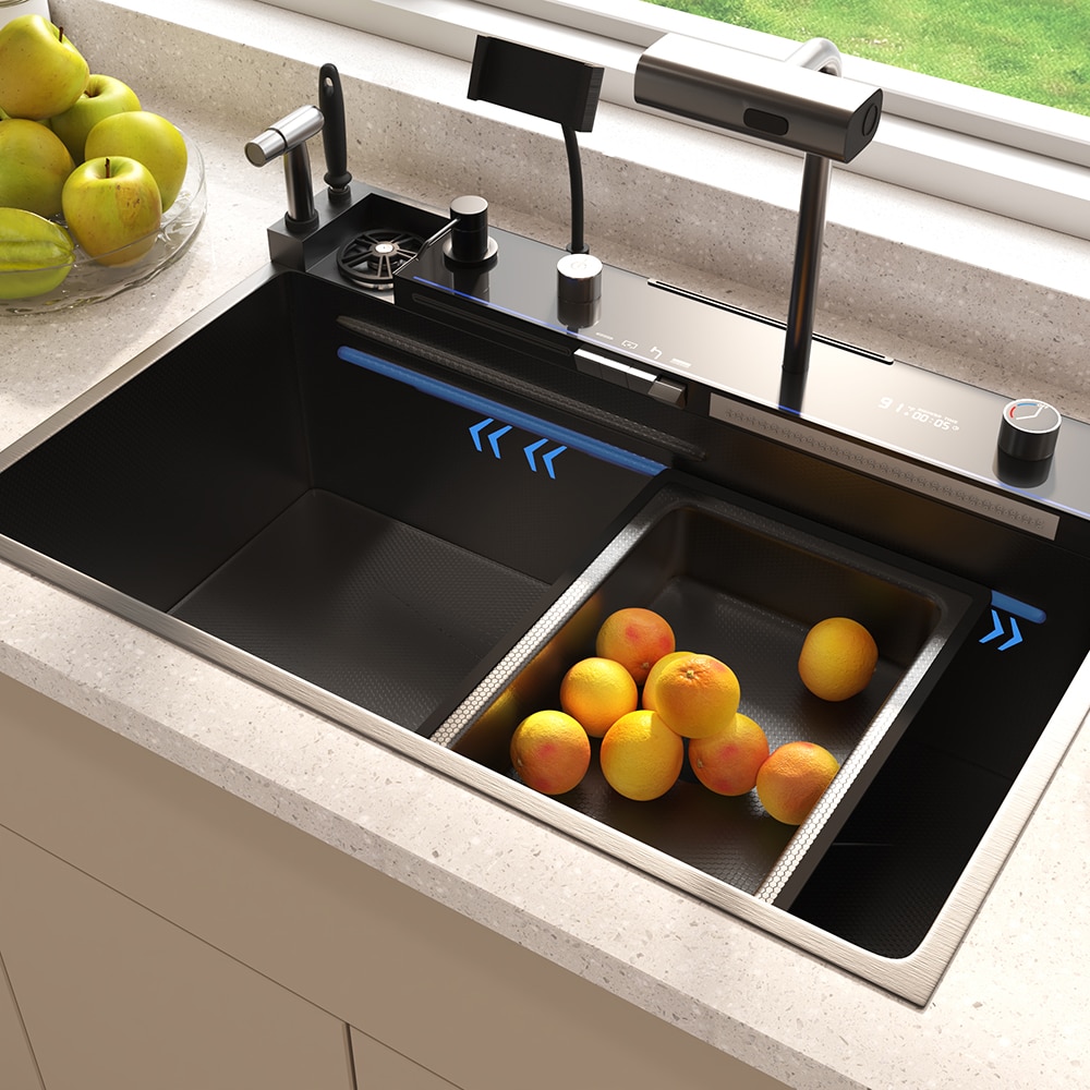 Homsee  304 Stainless Steel Kitchen Sink with Copper Core Faucet Water Filter Cup Washer and Spray Gun Complete Kitchen Sink Solution 27.7''W x 14.2''D x 7.1''H Silver