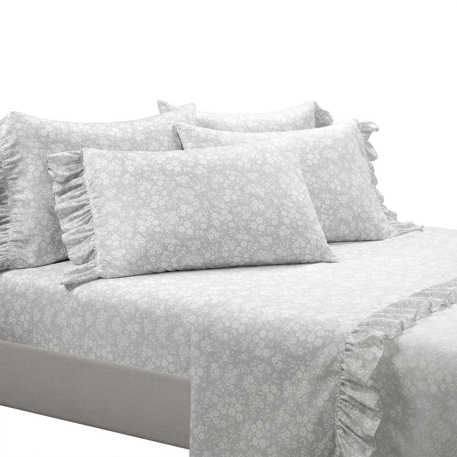 Gray Floral Microfiber Twin XL Ruffle Sheet Set