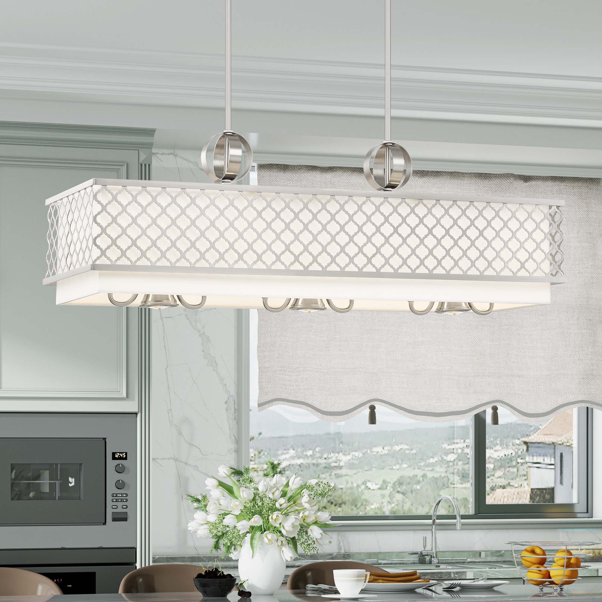 Arabesque Brushed Nickel 9-Light Linear Chandelier with Fabric Shade