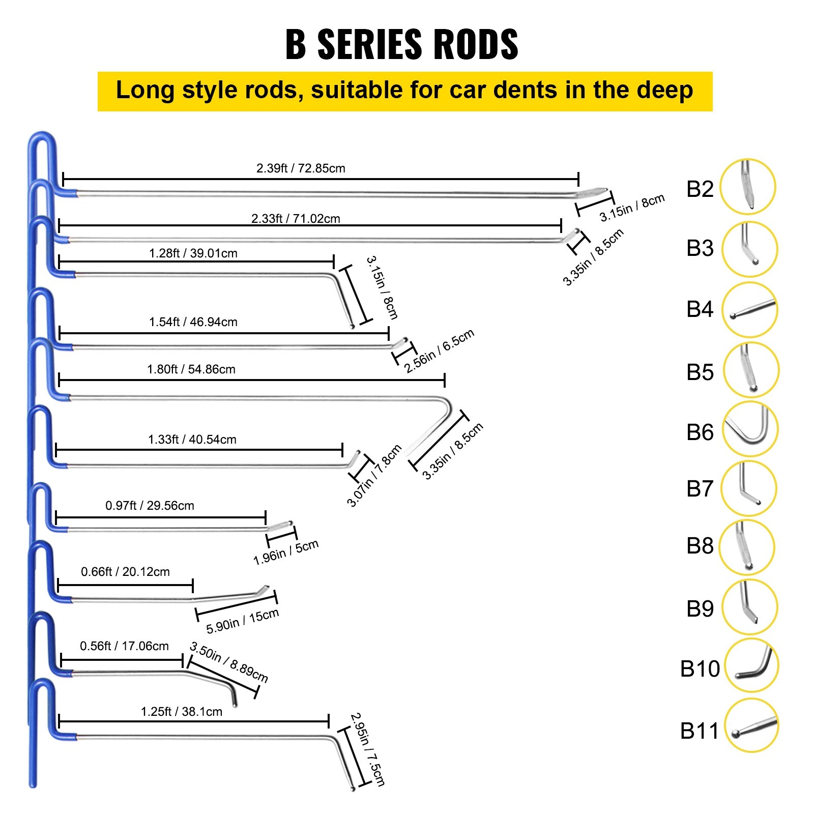 VEVOR Rods Dent Removal Kit 21 Pcs Paintless Dent Repair Rods Stainless ...