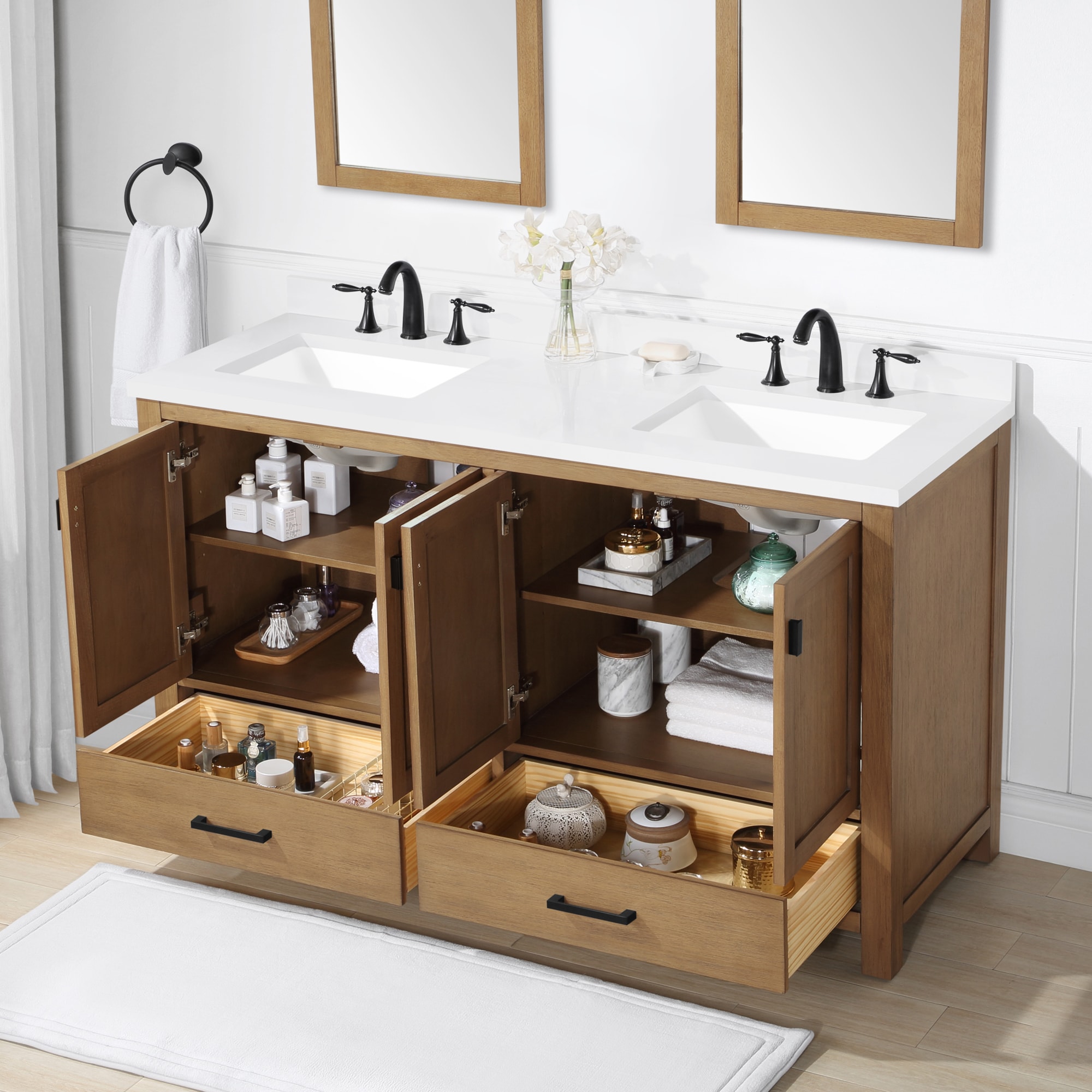 allen + roth Ronald 72-in Almond Toffee Undermount Double Sink Bathroom  Vanity with White Engineered Stone Top in Brown