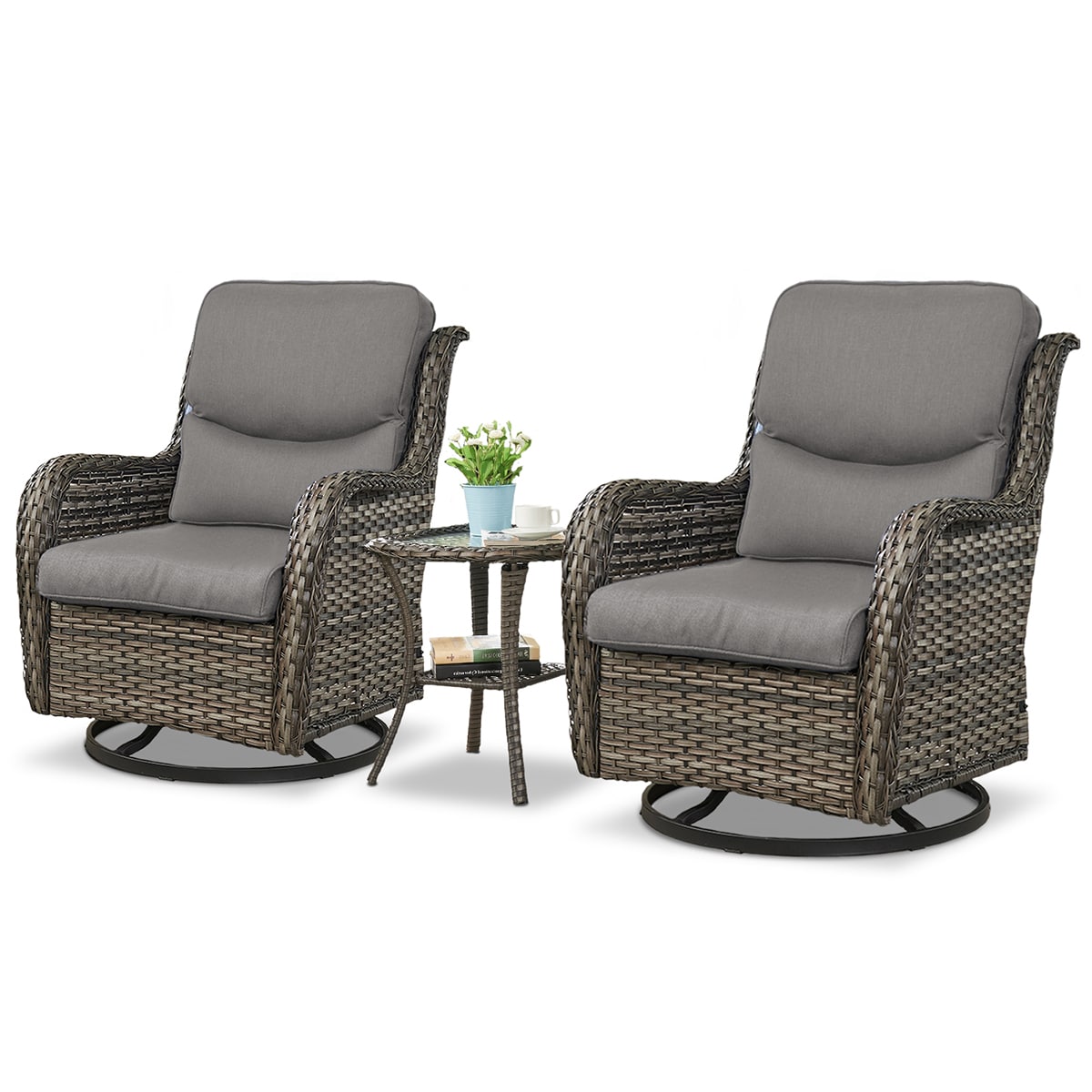 Rilyson FSXL036-3 Smiley Set of 2 Wicker Gray Wicker Frame Swivel glider Conversation Chair with Gray Beige Cushioned Seat