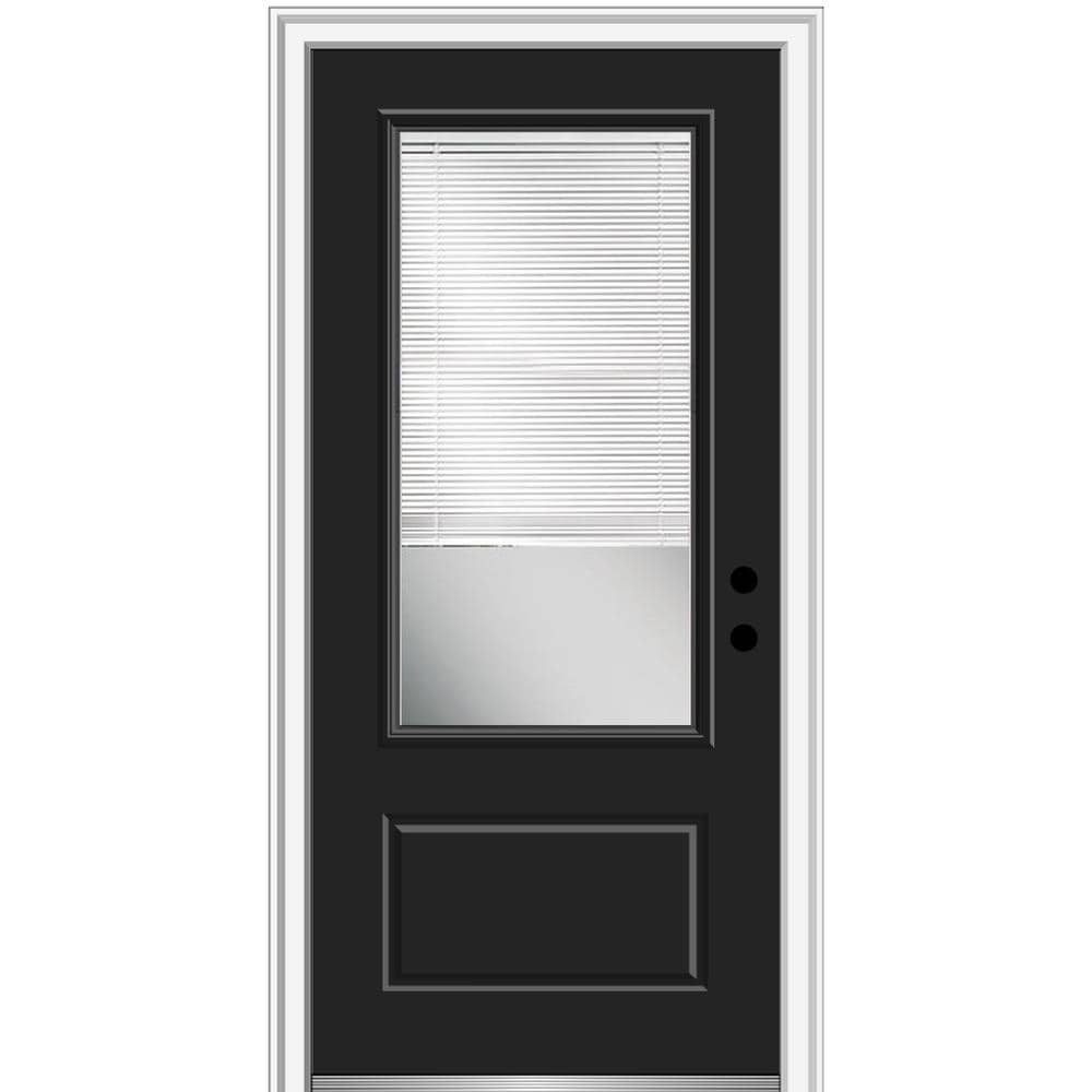 MMI DOOR ZZ01891L 36-in x 80-in x 4-9/16-in Fiberglass 3/4 lite Left-hand inswing Black Painted Prehung Front Door with Brickmould Insulating core with Blinds