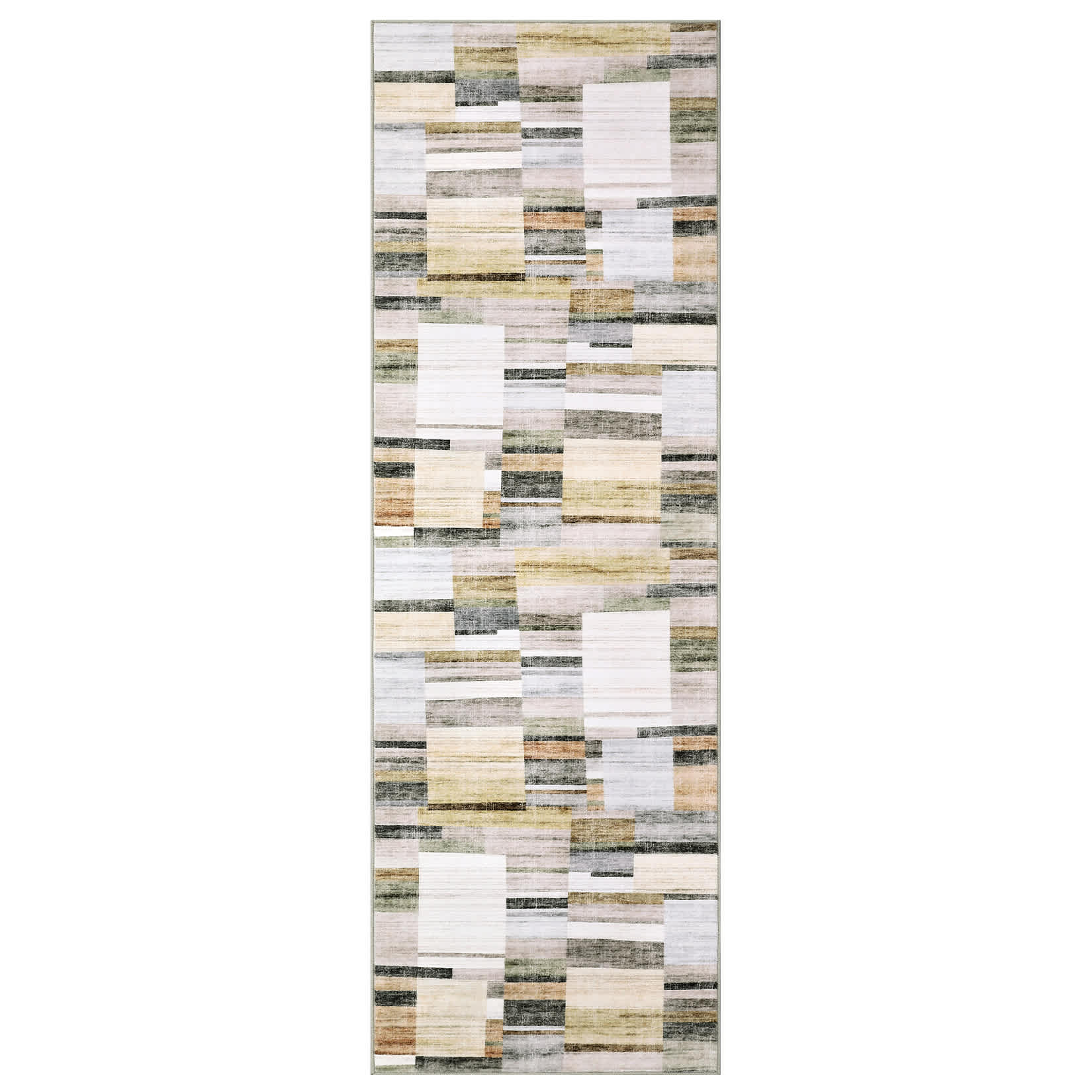 Qeetex SUNNY-PHK-353JQ9GC 2 x 6 ft Polyester Grey Rectangular Kitchen Hallway Laundry Bathroom Geometric Patchwork Modern Farmhouse Machine Washable Runner Rug