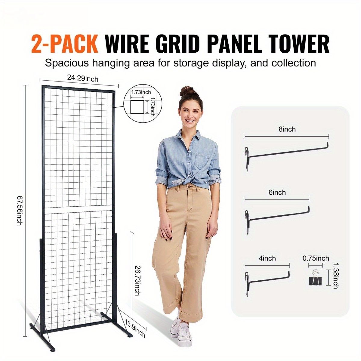 JUSHUA 67x24 in Grid Wall Panels Tower 2 Packs Wire Gridwall Display Racks with TBase Floorstanding Double Side Gridwall Panels for Art Craft Shows Retail Display with Extra Clips and Hooks