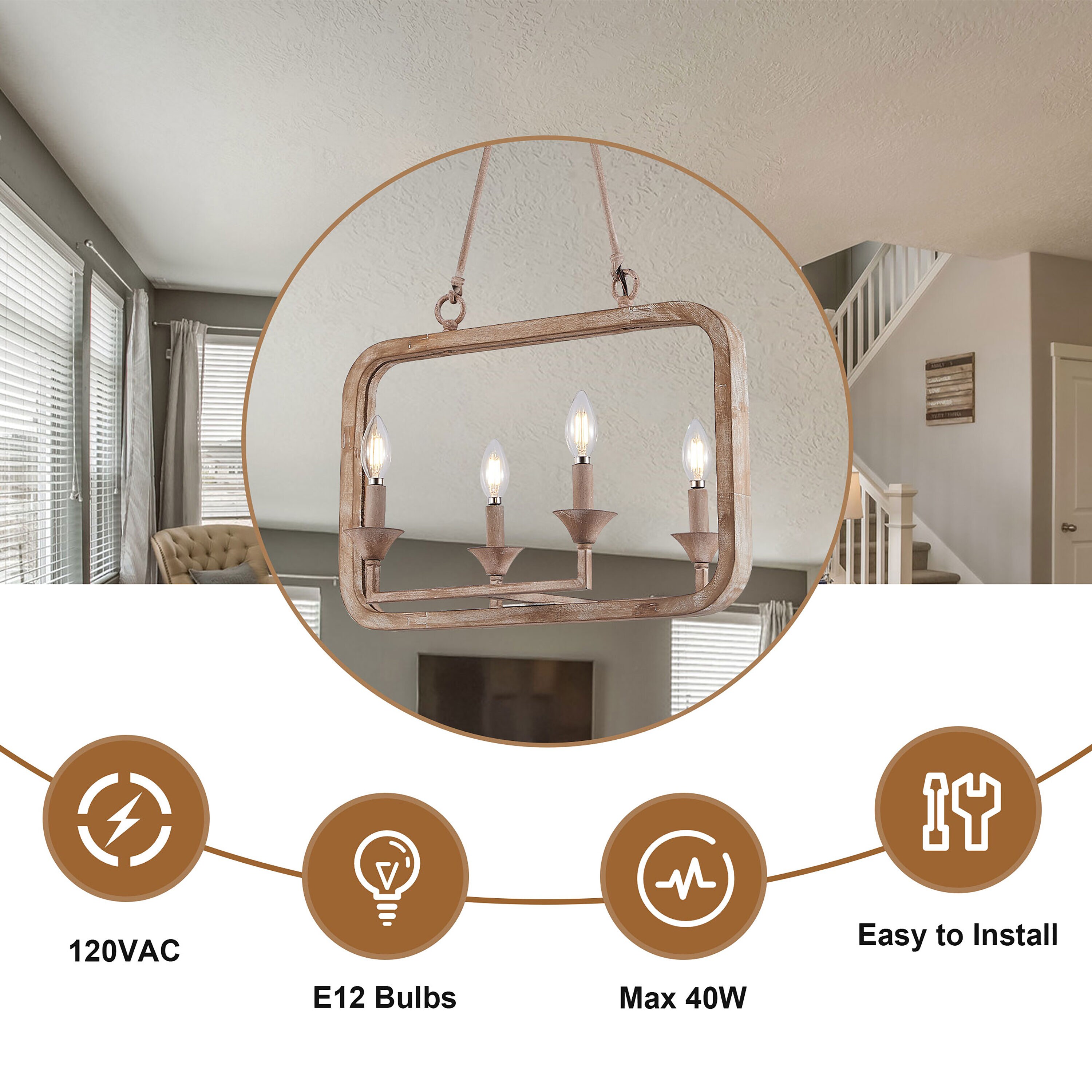 Weathered Wood Brushed Brown Farmhouse Chandelier with Adjustable Height