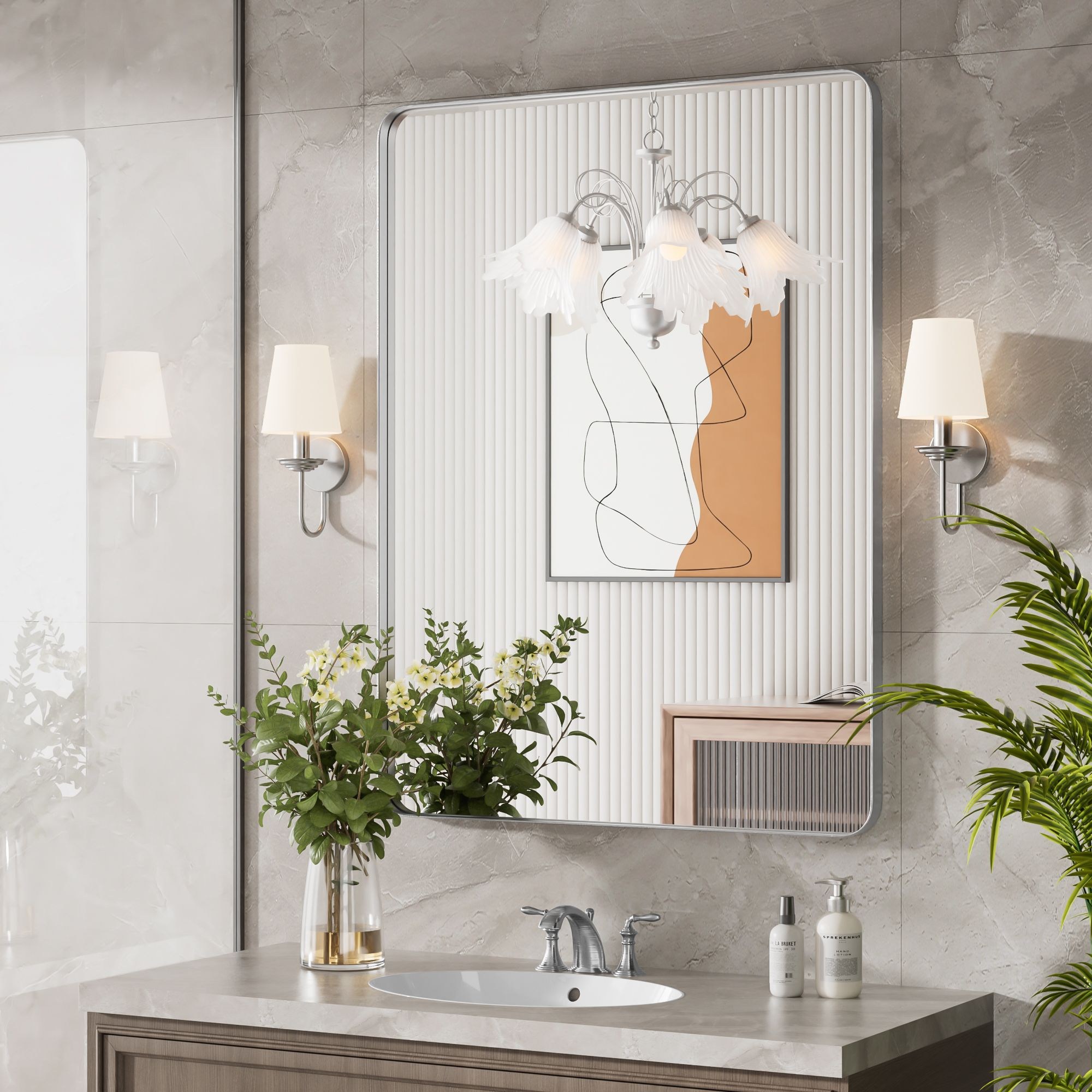 PRIMEPLUS - 24-in W x 36-in H Brushed Silver Rectangular Stainless Steel Bathroom Vanity Wall Mirror