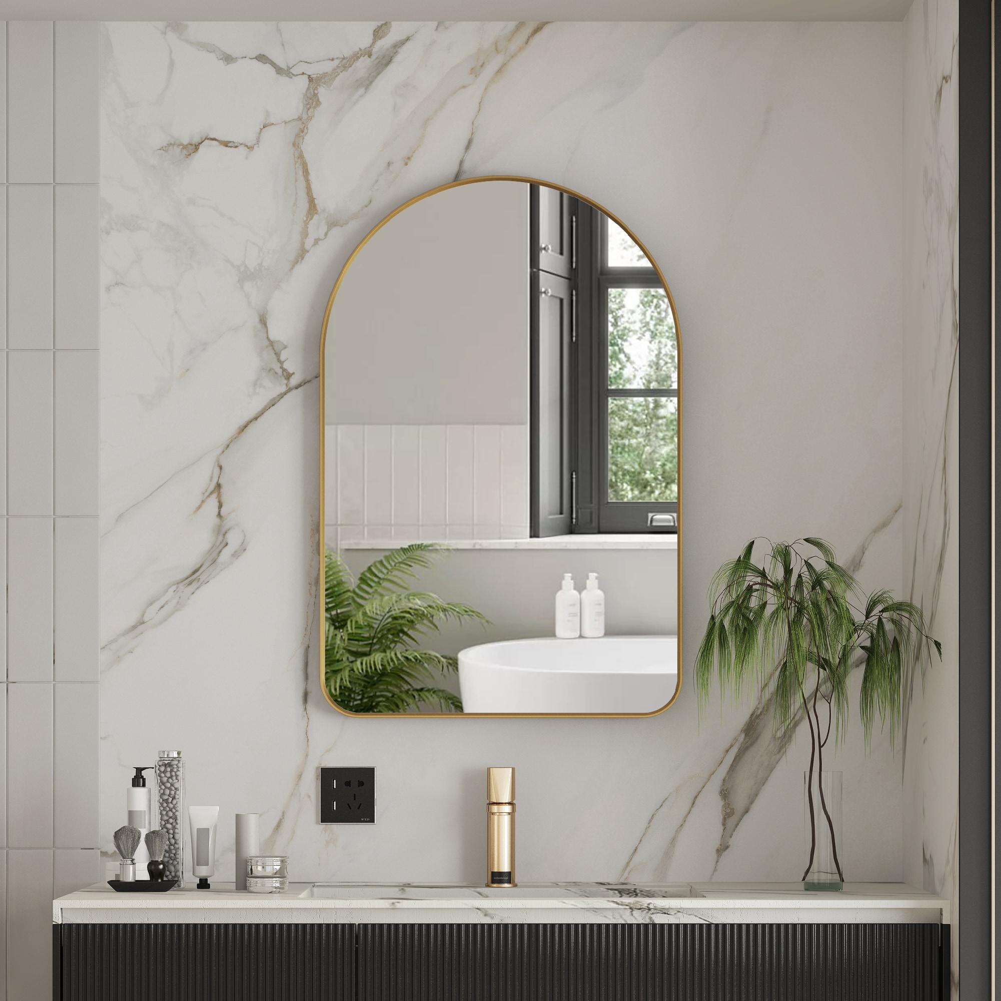 CALVON 24-in W x 36-in H Arch Gold Framed Wall Mirror
