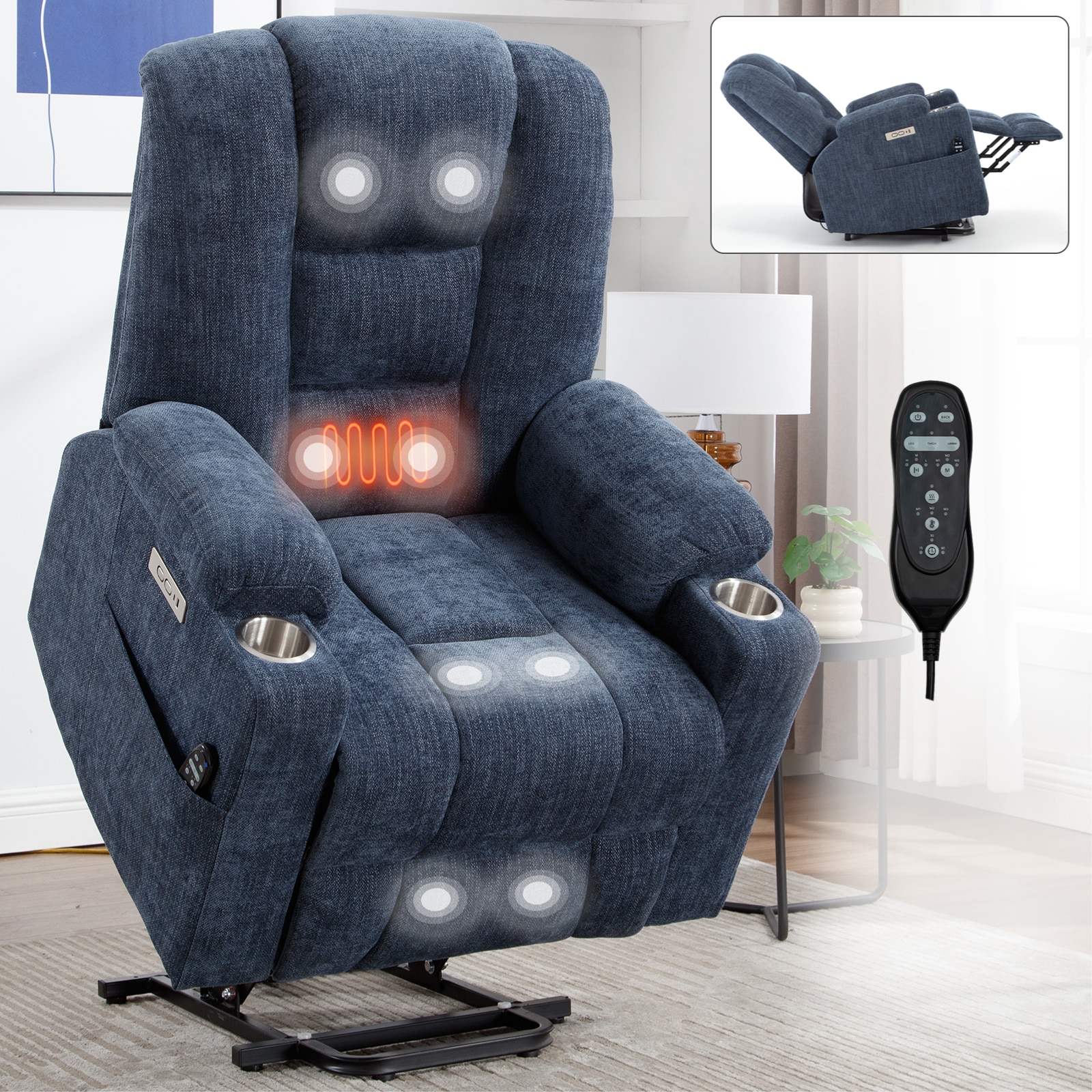 Tatayosi JL-803S00064 Blue Power Lift Recliner Chair with Massage and Heat for Elderly Overstuffed Wide Heavy Duty Motion Mechanism with USB Type C Ports 2 Steel Cup Holders