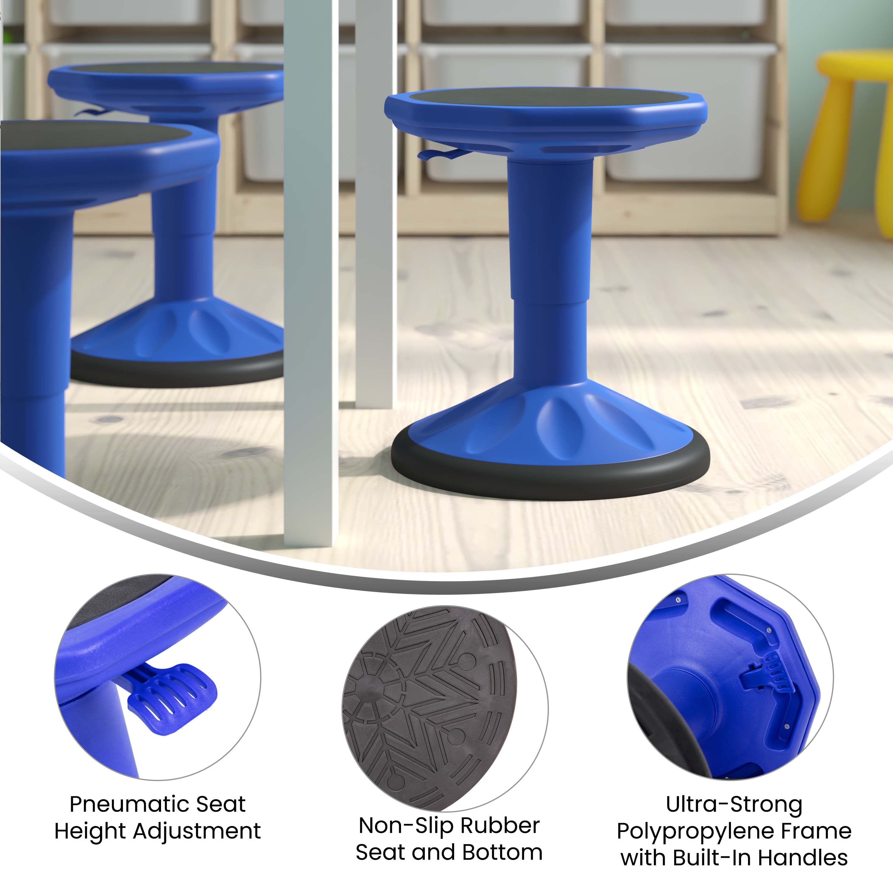Blue Adjustable Height Kids Active Learning Stool with Rubber Seat
