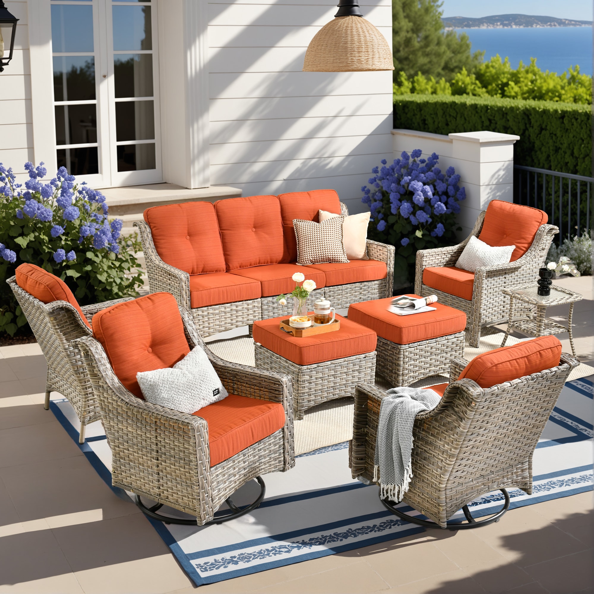 Pouuin SYZPAD808 8 -Piece Wicker Patio Sofa Conversation Set with Orange Cushions
