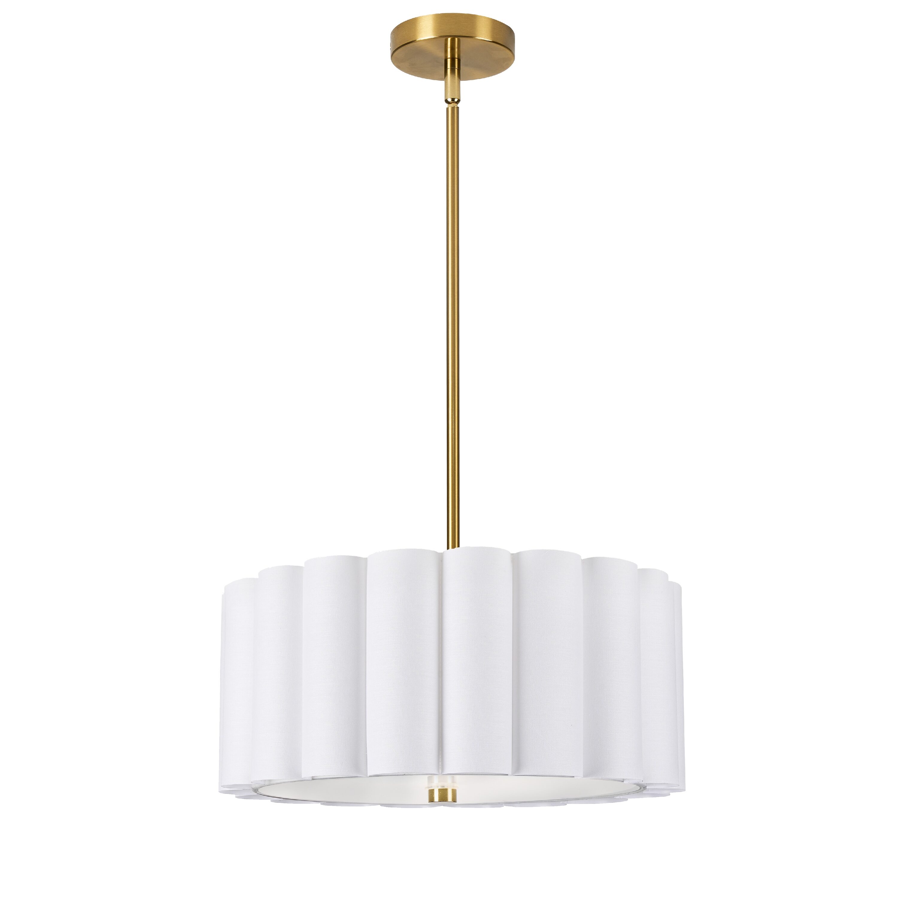 Dainolite Pacifica 3 -Light White, Aged Brass Transitional Opal glass Fabric Drum Medium Hanging Pendant Light