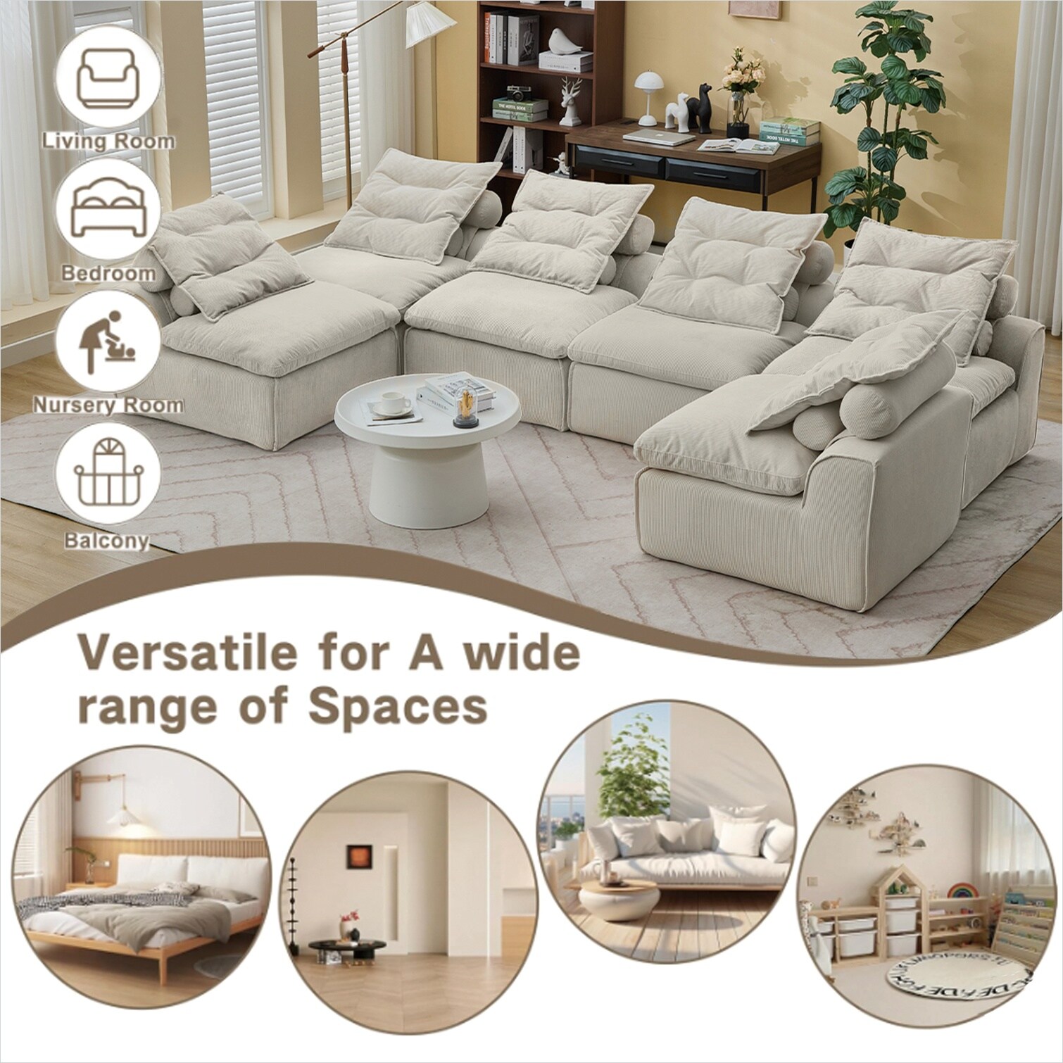 Naturefalls Modular Upholstered Corduroy Sofa 6-Seat Armless ...