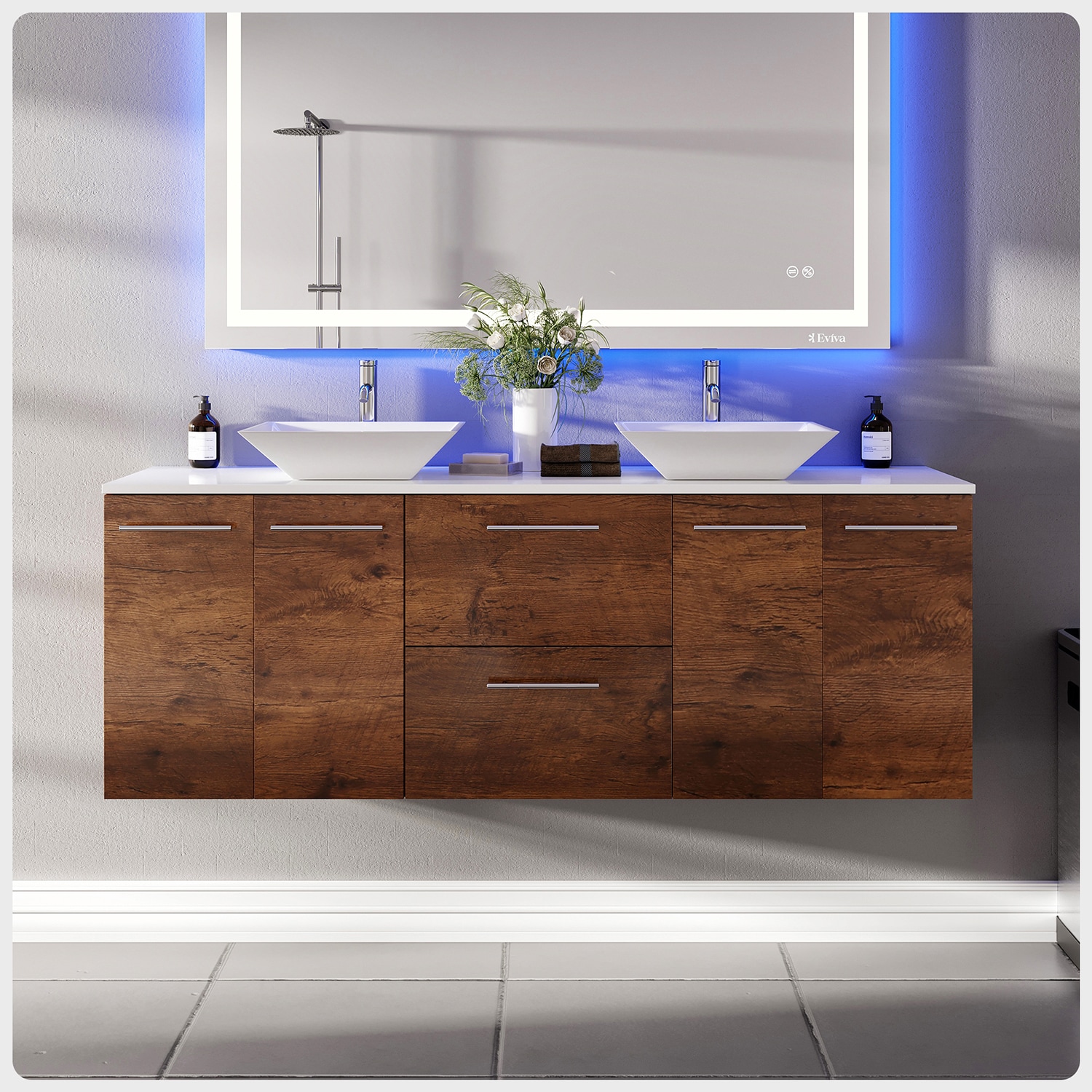 Eviva EVVN401-60RSWD Lux 60-in Rosewood Double Sink Floating Bathroom Vanity with White Quartz Top