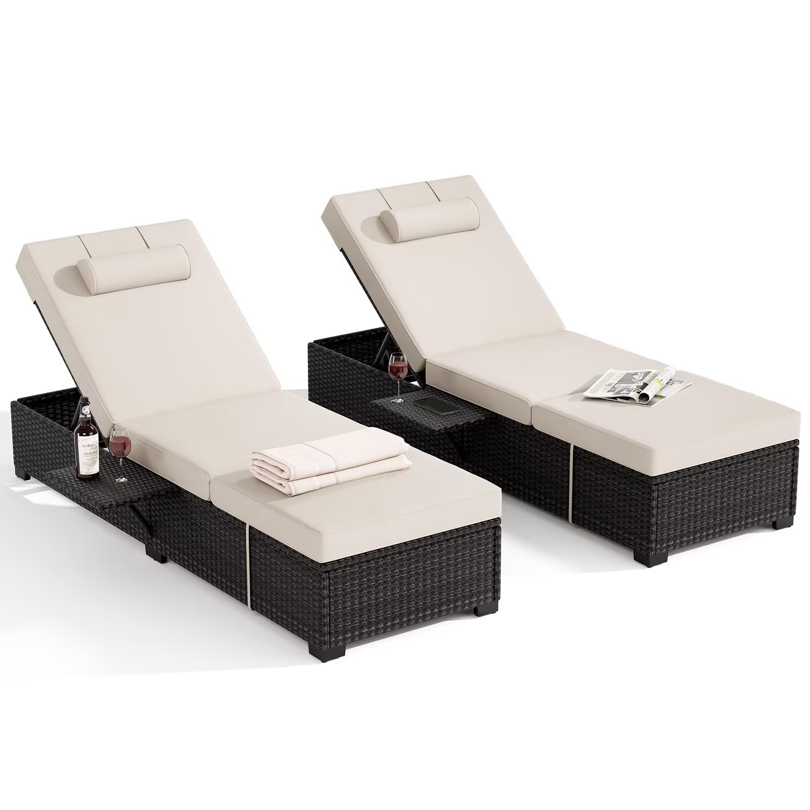 Qeetex JXNAG-PHO-12E18GE4 Patio Lounge Chairs Outdoor PE Wicker Chaise Lounge Set of 2 Chaise Lounge Chair Outdoor Pool Furniture Rattan Recliners with Adjustable Backrest Storage Table (Gray+Beige)