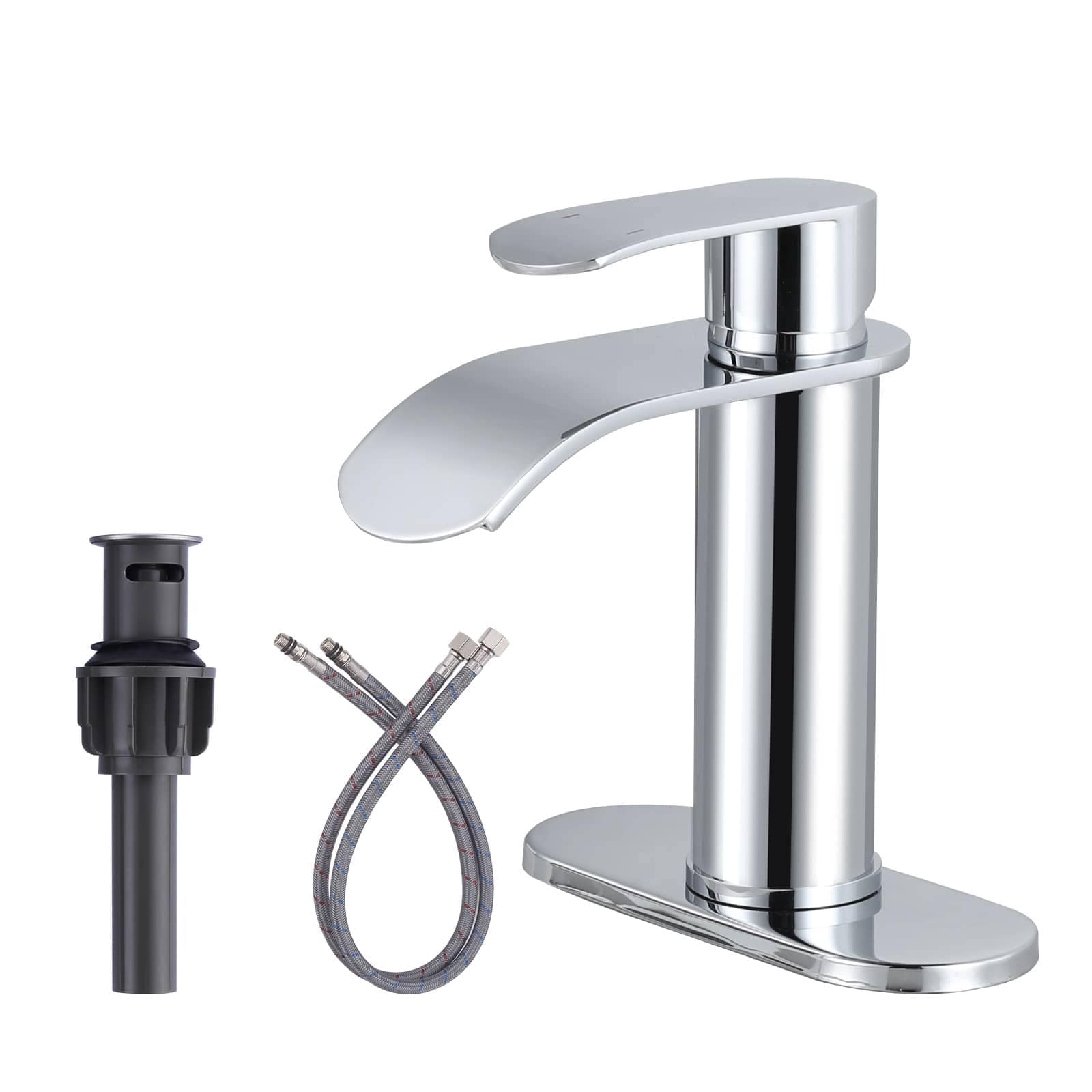 ALEASHA Single Hole Single Handle High Arc Waterfall Bathroom Faucet with Pop Up Drain and Supply Lines in Polished Chrome