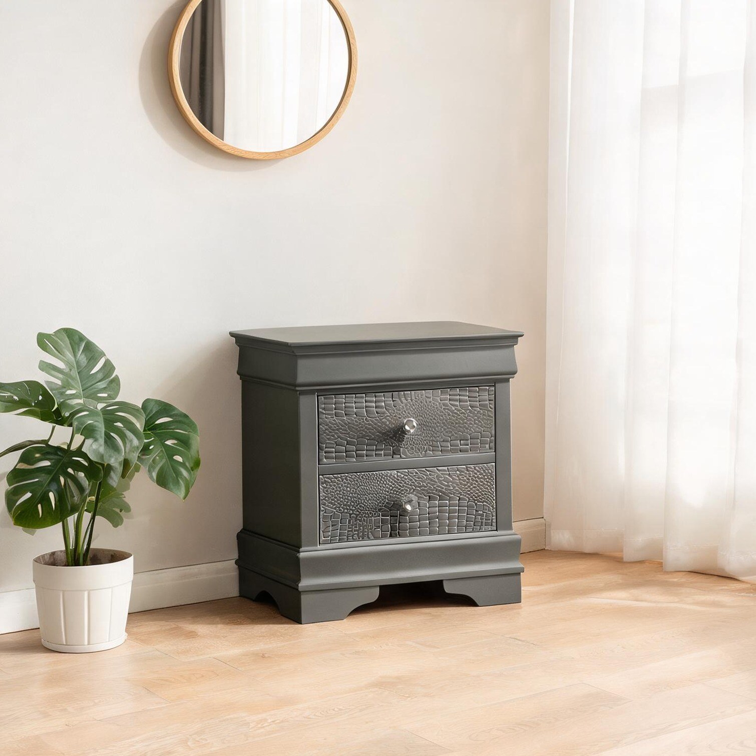Two-Drawer Nightstand Modern Wood Rectangular Table in Cool Gray Finish