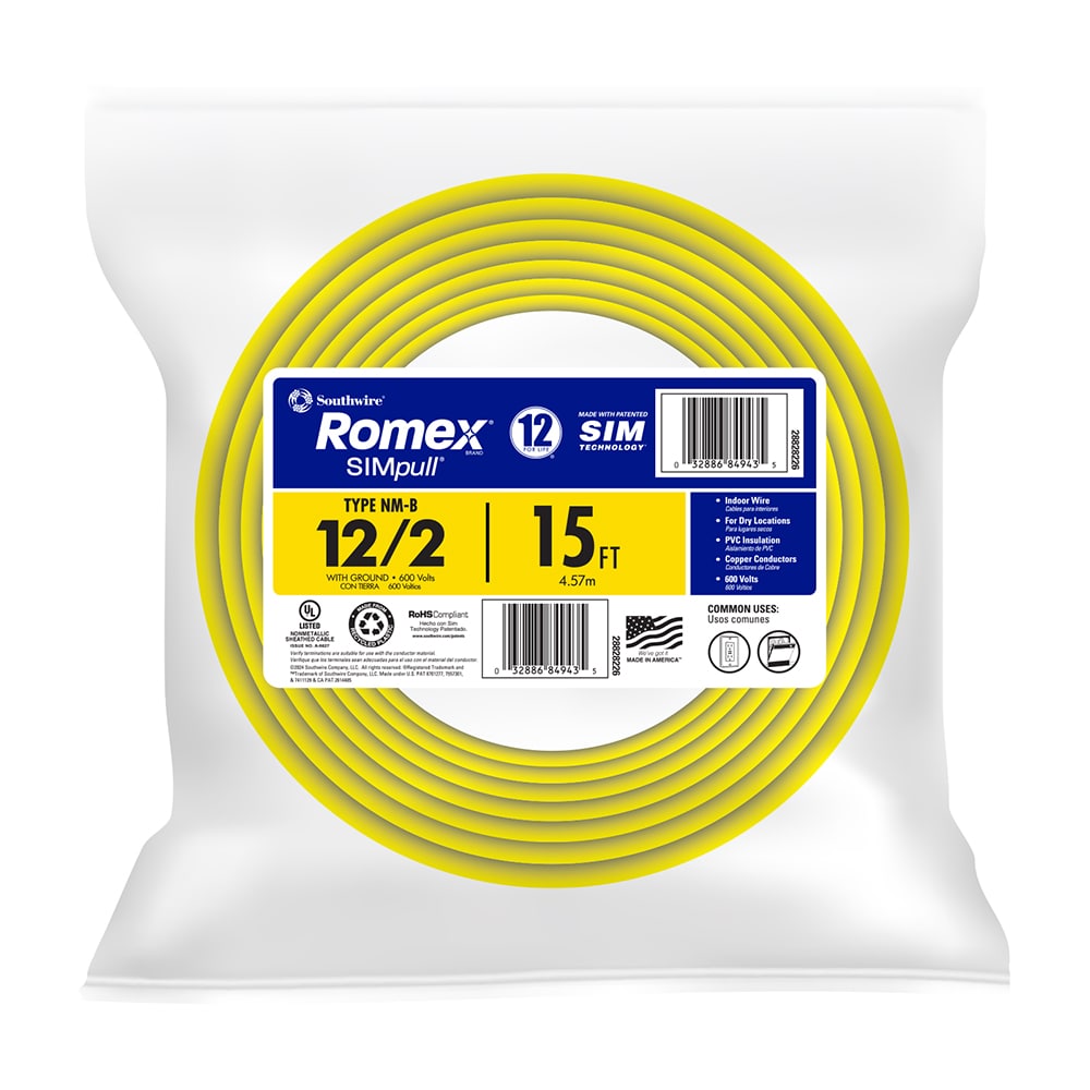 Southwire 28828226 15-ft 12 / 2 / Romex SIMpull Solid Indoor CU NM-B W/G Individual pack ( By-the-roll )