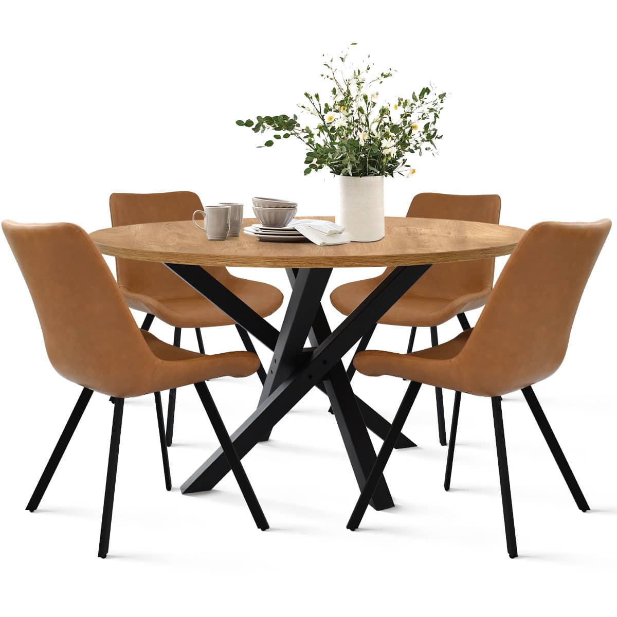 Maison Boucle ROBERT+KOURTNEY-TAN4 5 Piece Black Round Dining Table Set with Tan Upholstered Chairs Black Metal Legs for Small Spaces