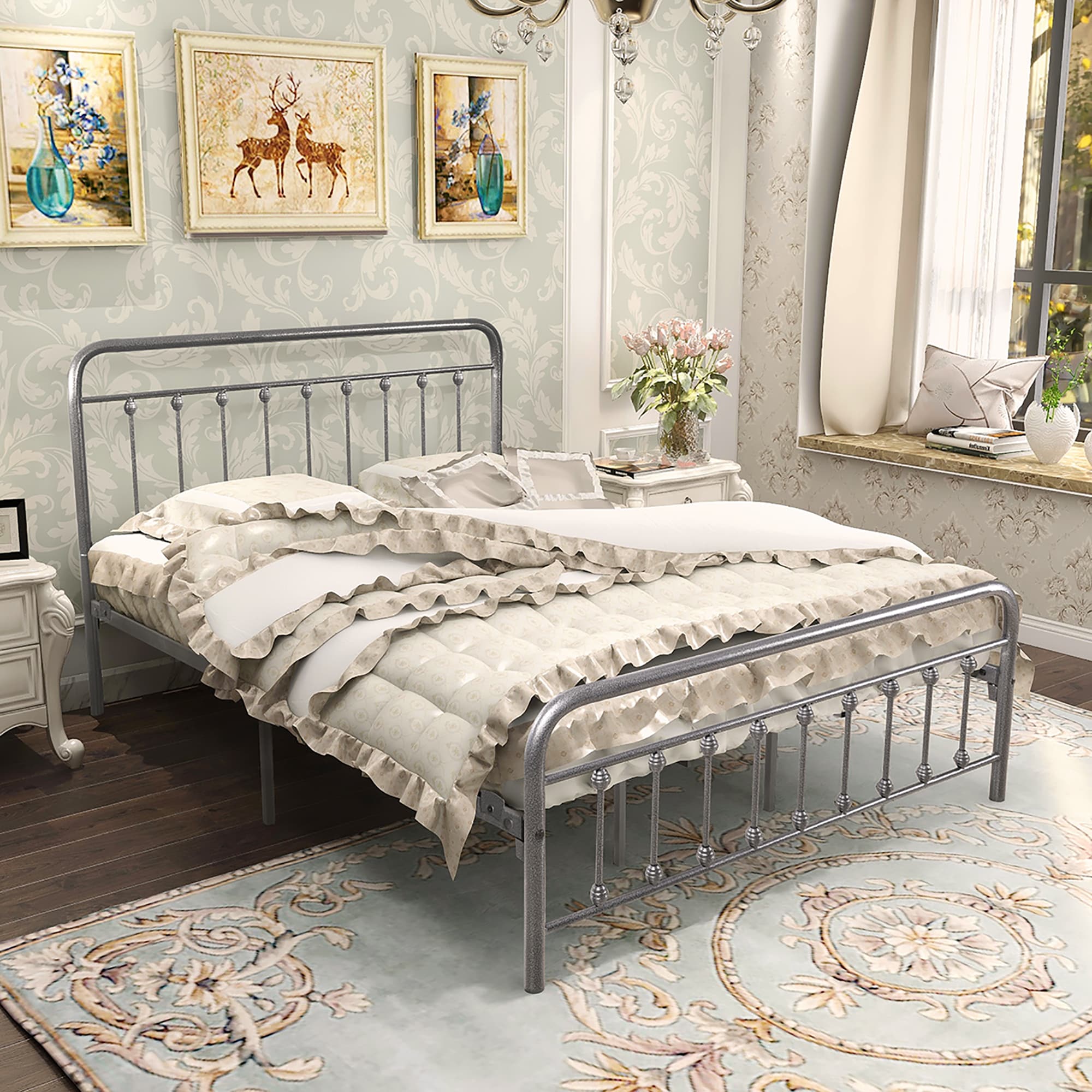 Fun Orange FUN25BE26 Queen Black and Silver Metal Bed Frame with Headboard