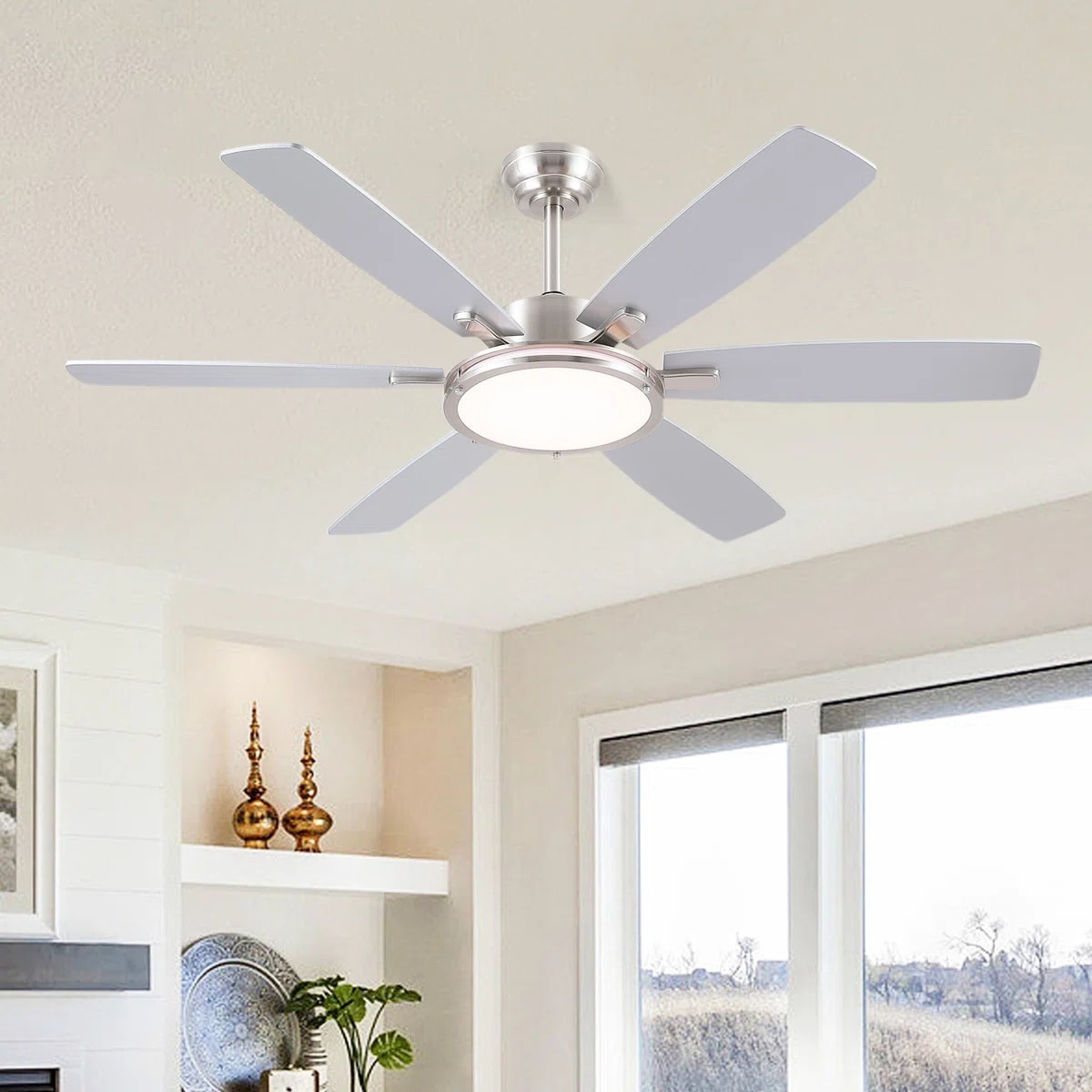Kviflon  52 in Brushed Nickel Downrod Ceiling Fan with Light Modern Minimalist Design Dual Sided Plywood Blades Safety Cable Smart App and Remote Control Indoor and Covered Outdoor