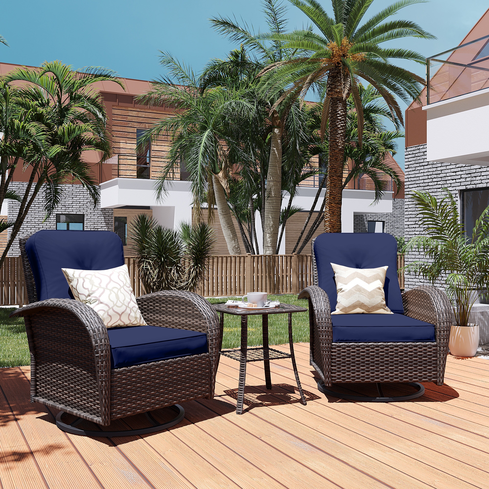 Patio Watcher - Rocking Chair 3 -Piece Wicker Patio Conversation Set with Navy Cushions Included