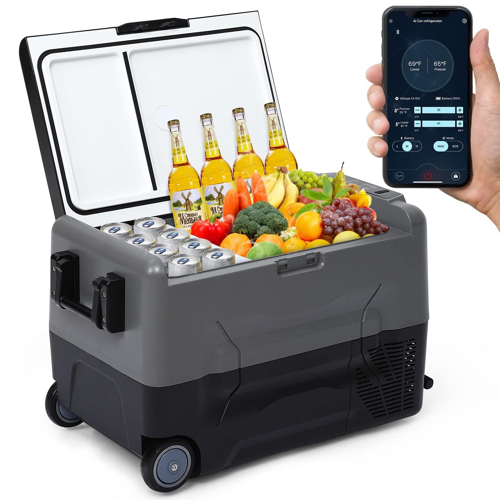 Qeetex LSLG-PAU0HRZ6C98 48QT (45L) Car Refrigerator 12V Electric Cool Dual Zone 4℉-68℉ Portable Fridge Freezer w/ Wheels APP Control  12/24V DC for RV/Truck/Camping