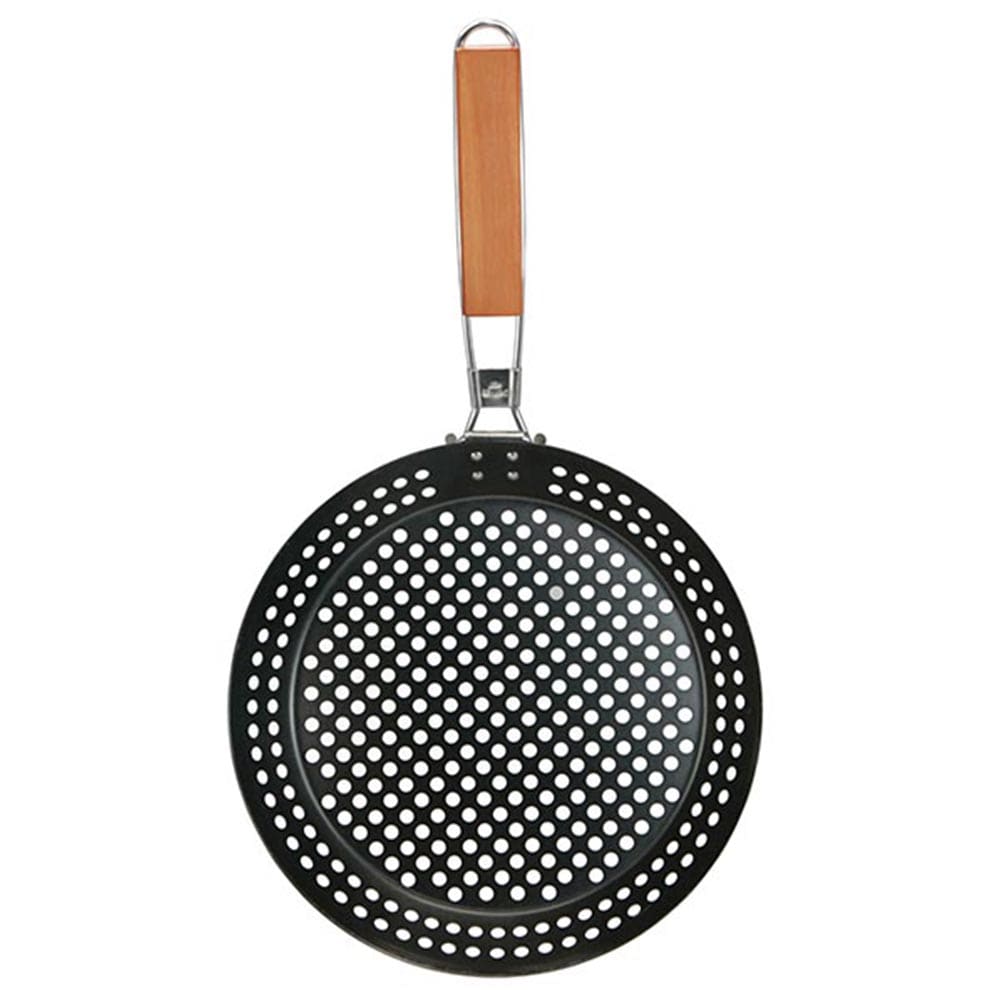 Non-Stick Metal Grilling Skillet with Folding Wooden Handle Grill Skillet Pan with Holes Removable Handle for Outdoor Grill Topper Barbecue Pan for