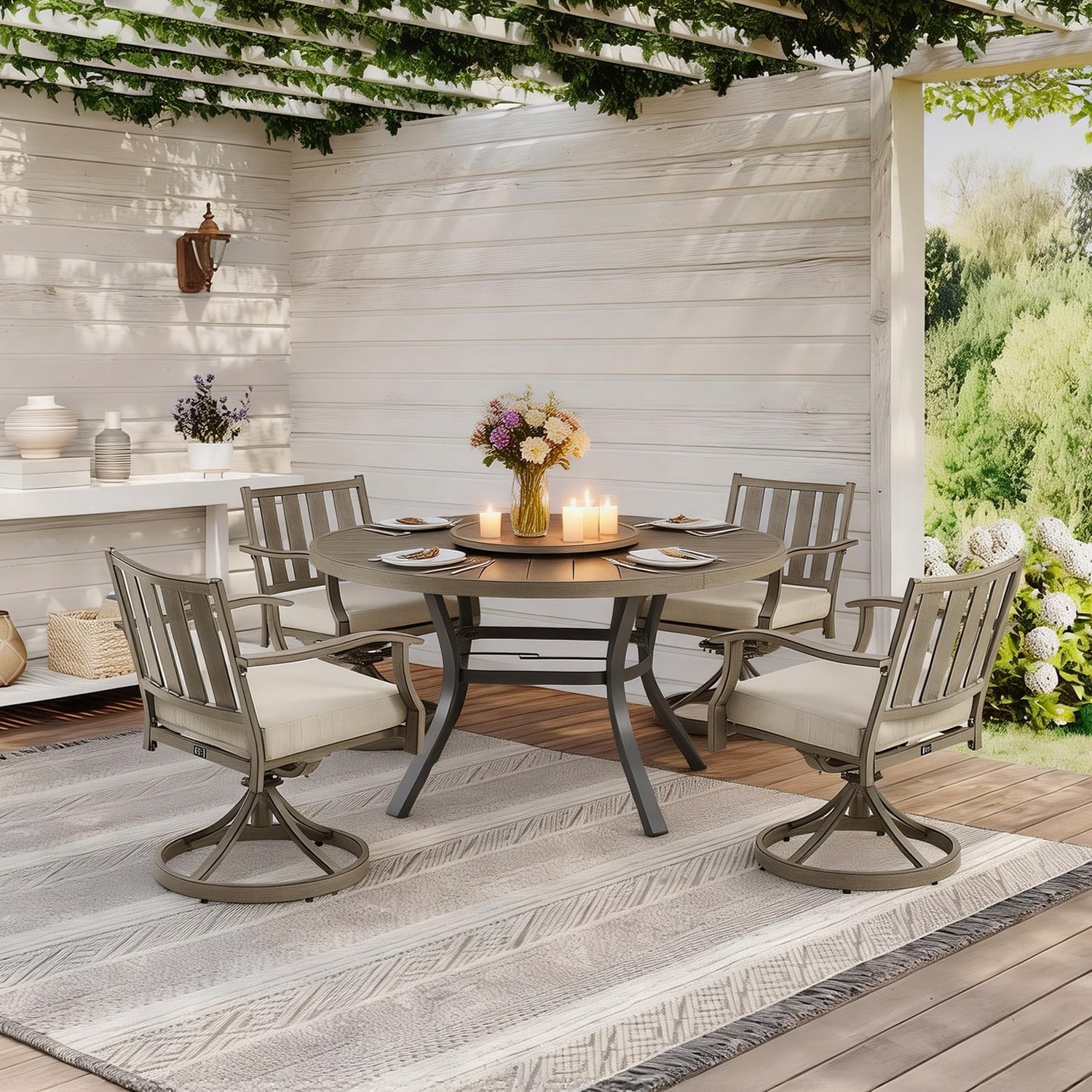 PEAK HOME FURNISHINGS AZUR 5 -Piece Grey Patio Dining Set Aluminum Round Table with 4 Beige Cushions Swivel Chairs