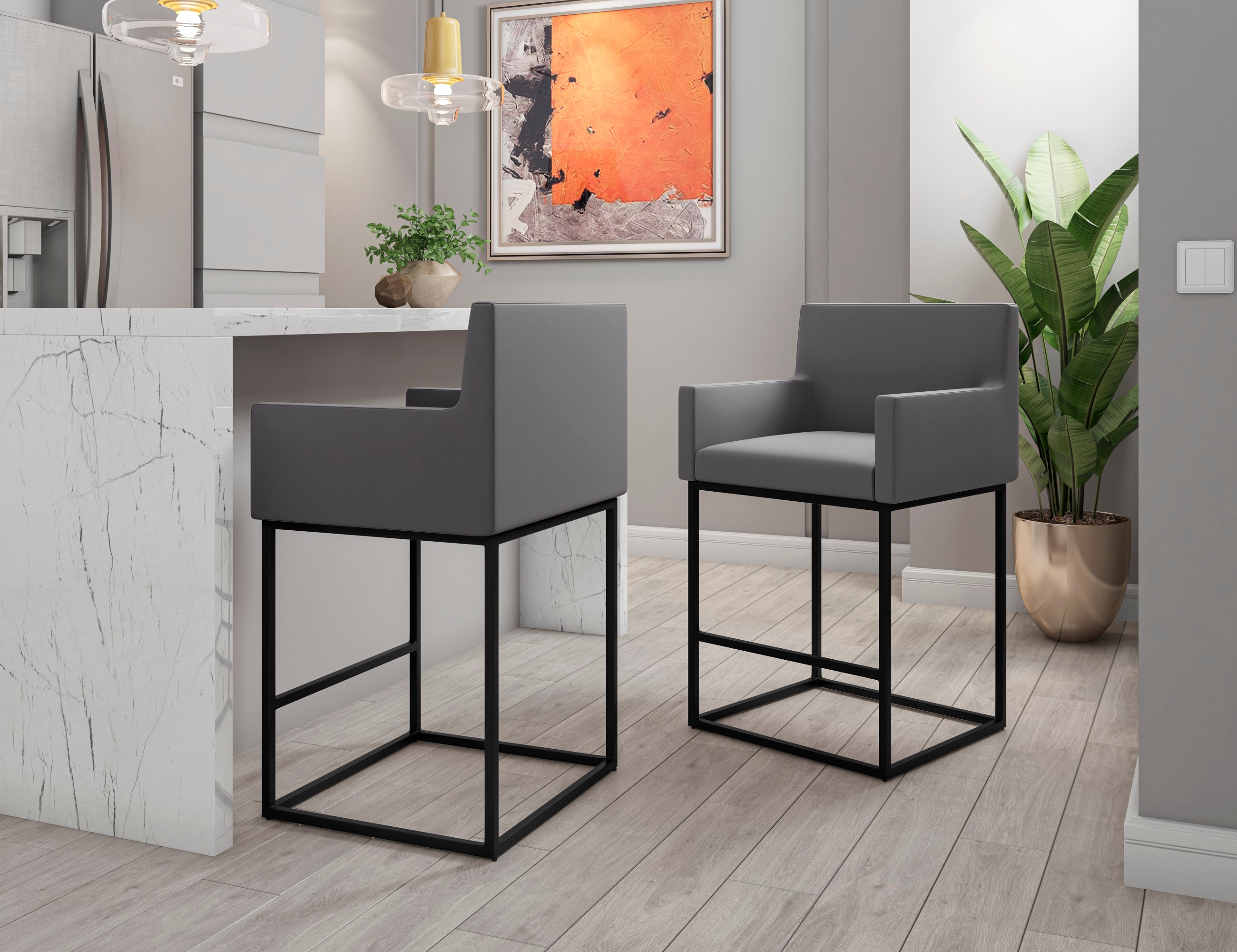 Manhattan Comfort 2-CS010-GY Set of 2 Grey and Black 26-in H Counter height (24-in to 27-in) Square Seat Upholstered Metal Back Bar Stool with Arms and Back