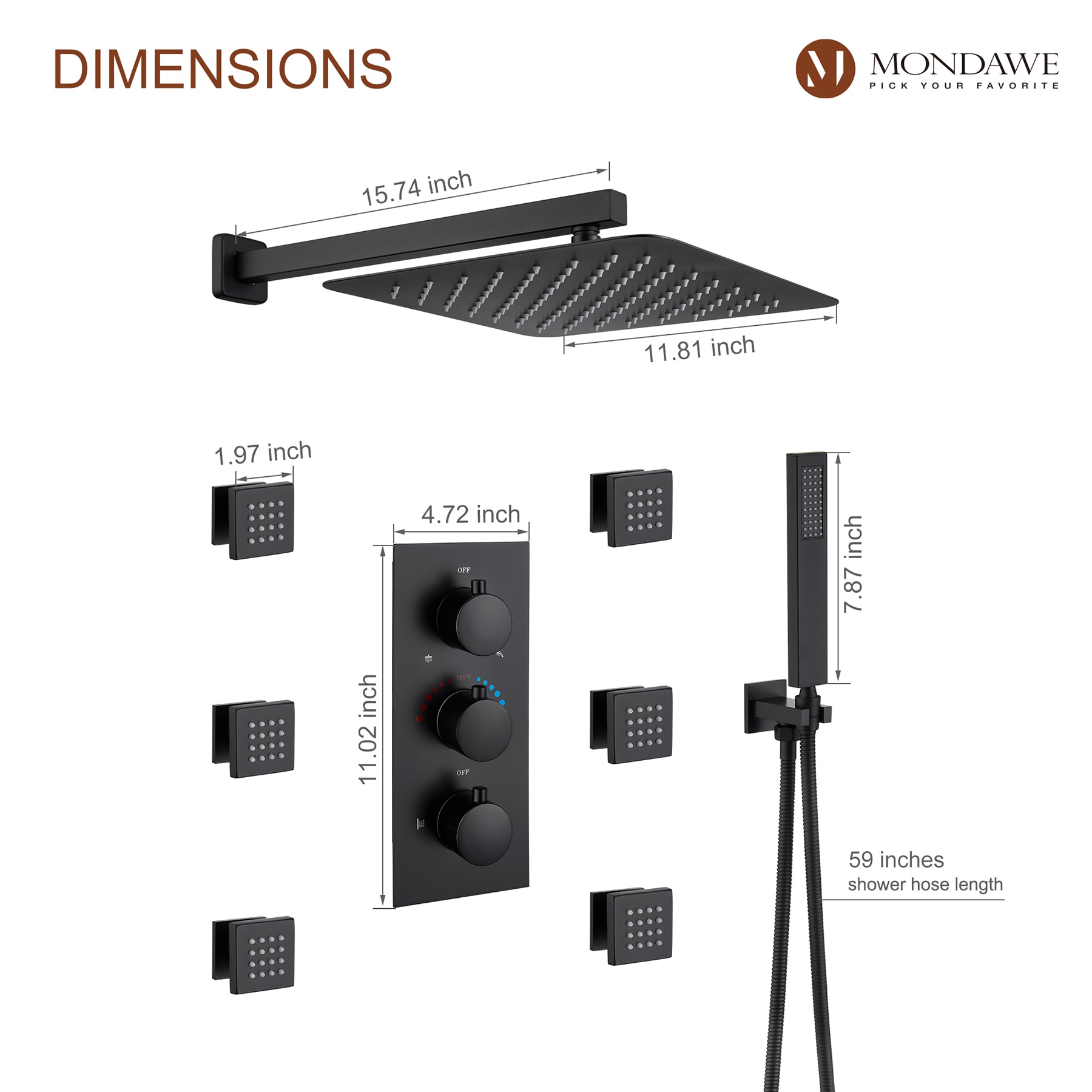 Mondawe WF6001-12BL Showerhead-Bar-Panels - View #9