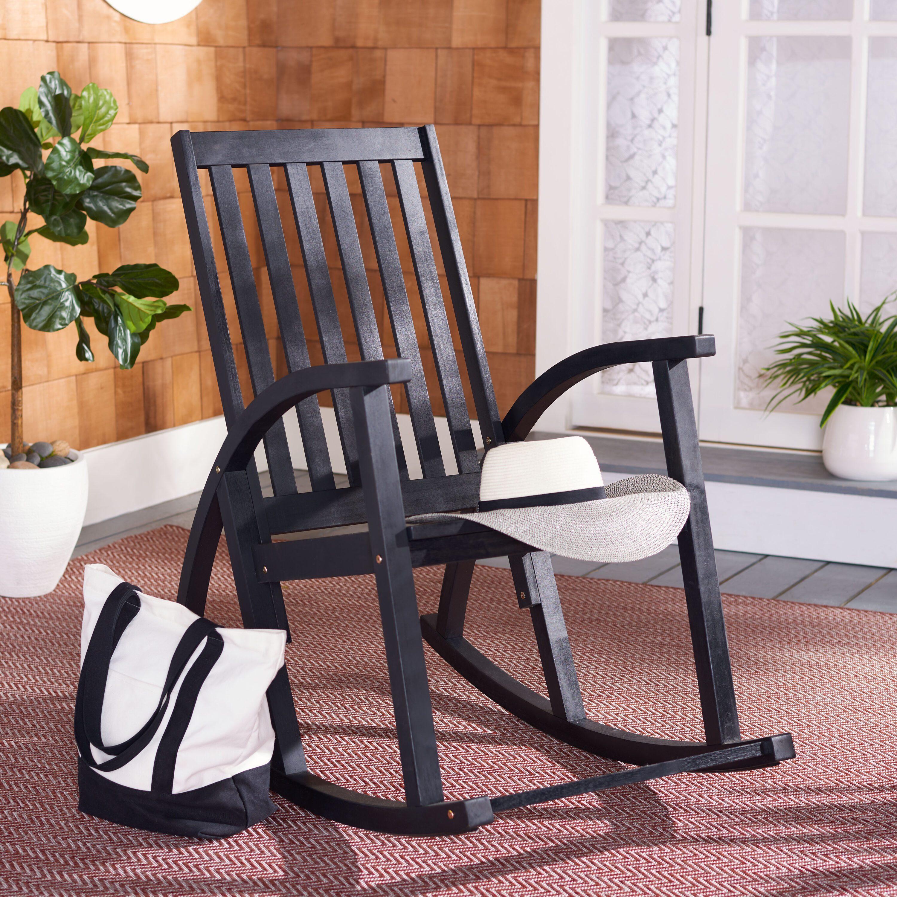 Safavieh PAT7003D Patio Black Wood Frame Rocking Chair with Slat Seat